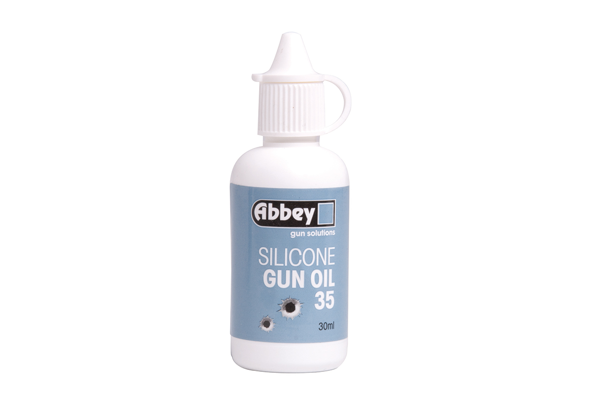 Eine 30-ml-Flasche Abbey Silicone Gun Oil 35 mit einem weißen Kunststoffbehälter mit blauem Etikett und Applikatordeckel.