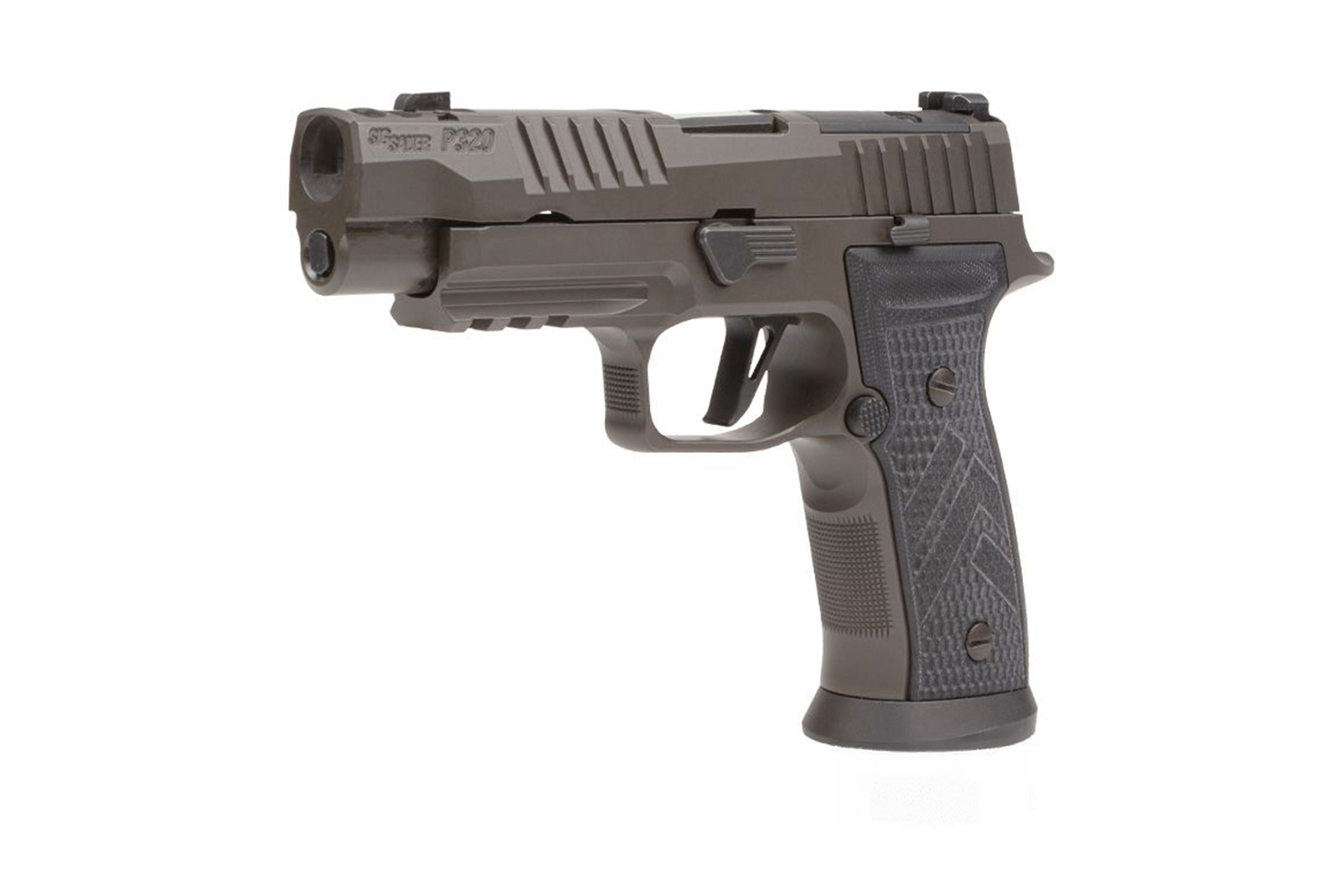 Sig Sauer P320 Luftpistole in Dunkelgrau mit strukturiertem Griff und taktischem Design.