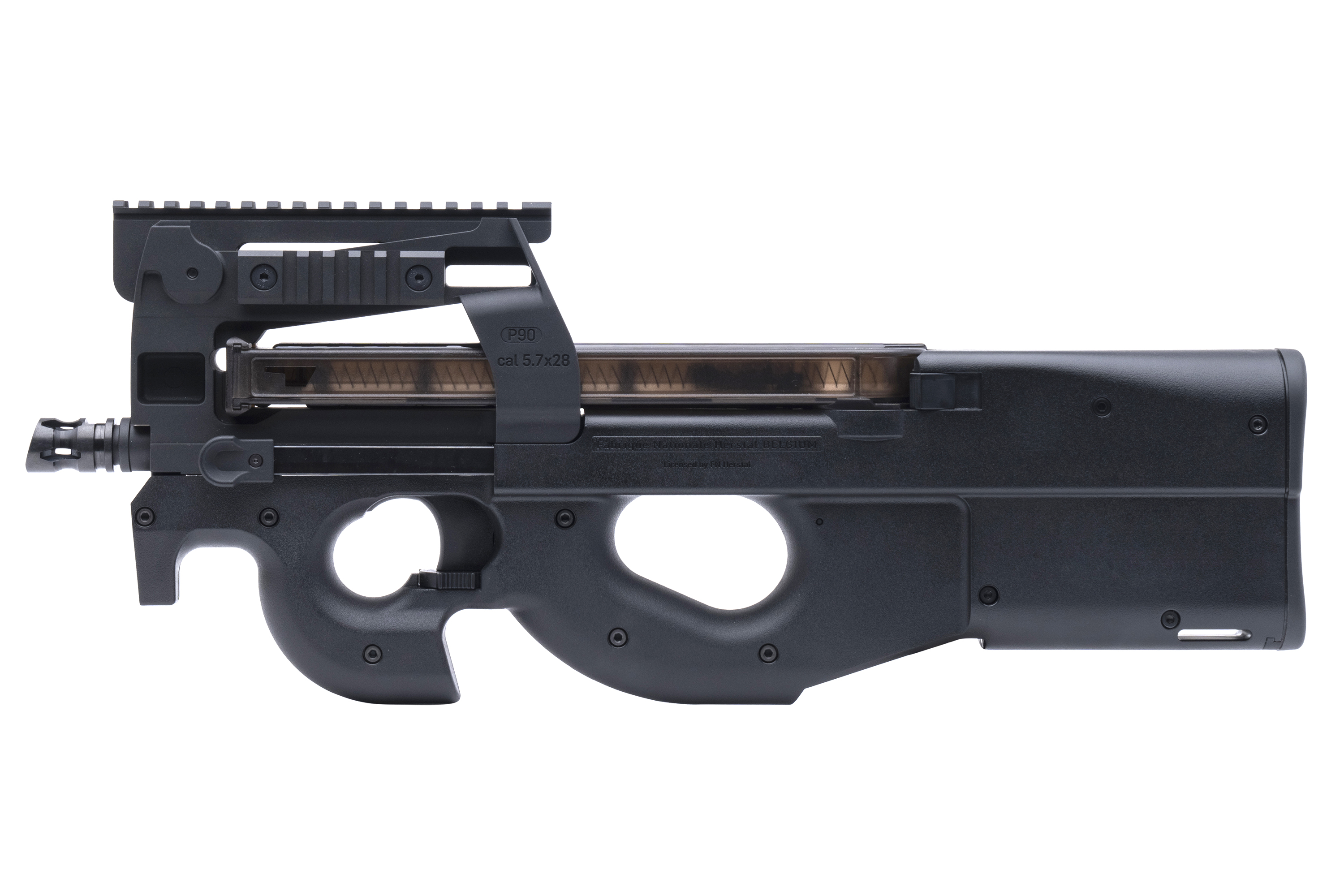Schwarze FN Herstal P90 Airsoft-Maschinenpistole mit integrierter Oberschiene und durchscheinendem Magazin auf weißem Hintergrund.