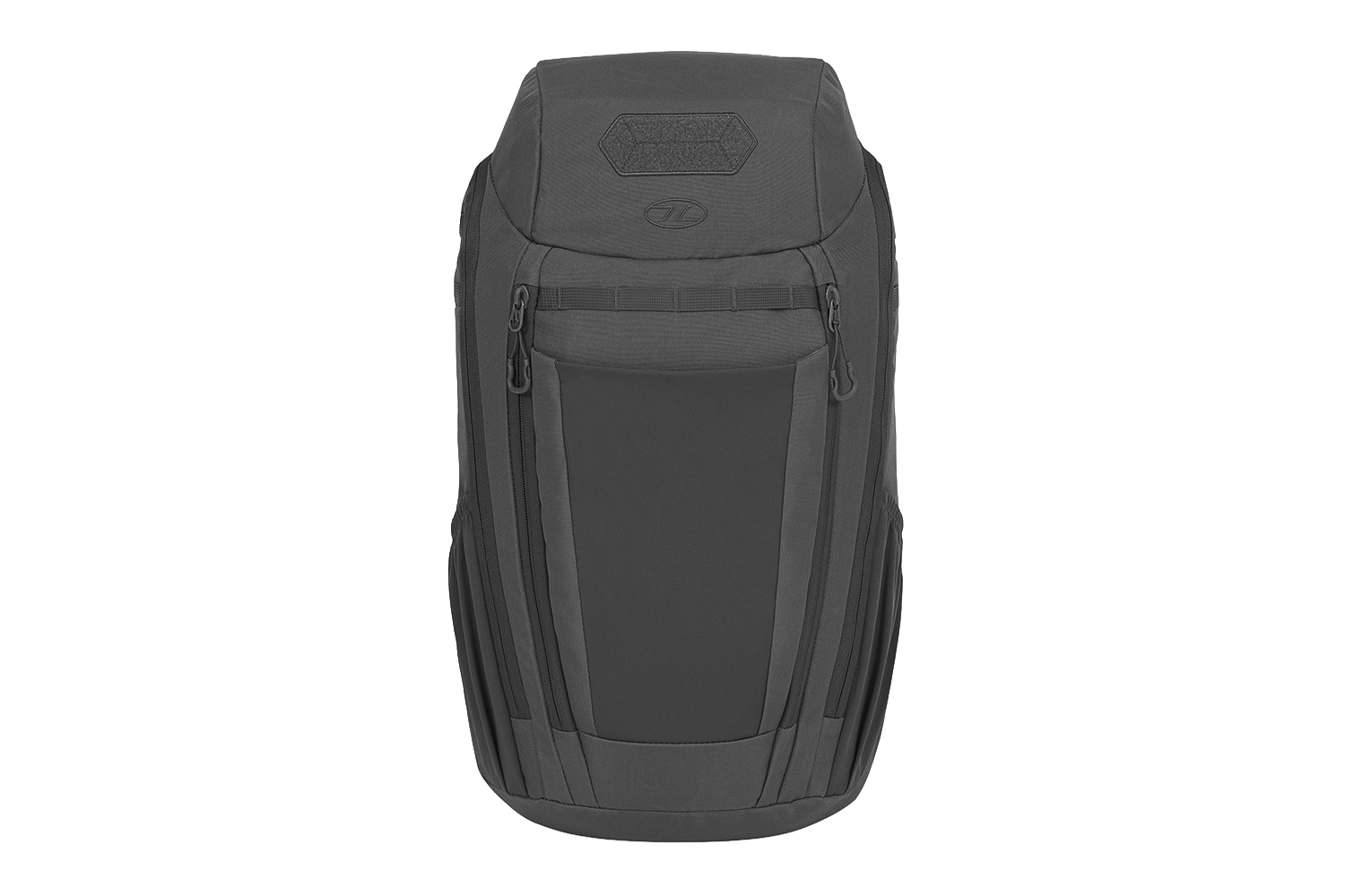 Vorderansicht eines taktischen grauen Rucksacks mit MOLLE-Gurtband, mehreren Reißverschlussfächern und einem strapazierfähigen Stoffdesign.
