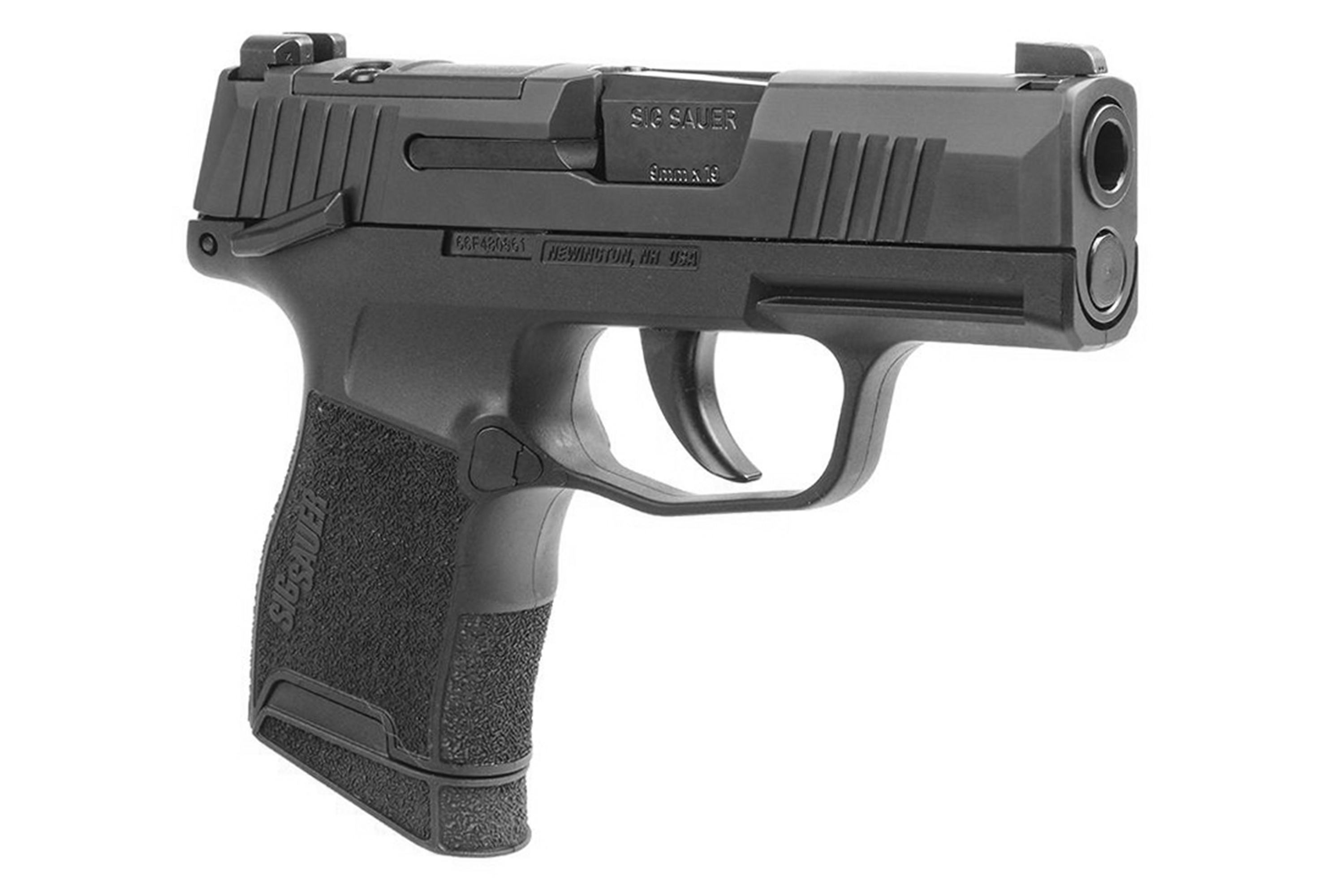 SIG Sauer P365 Luftpistole in Schwarz mit strukturiertem Griff und kompaktem Design für Schusswaffenliebhaber.