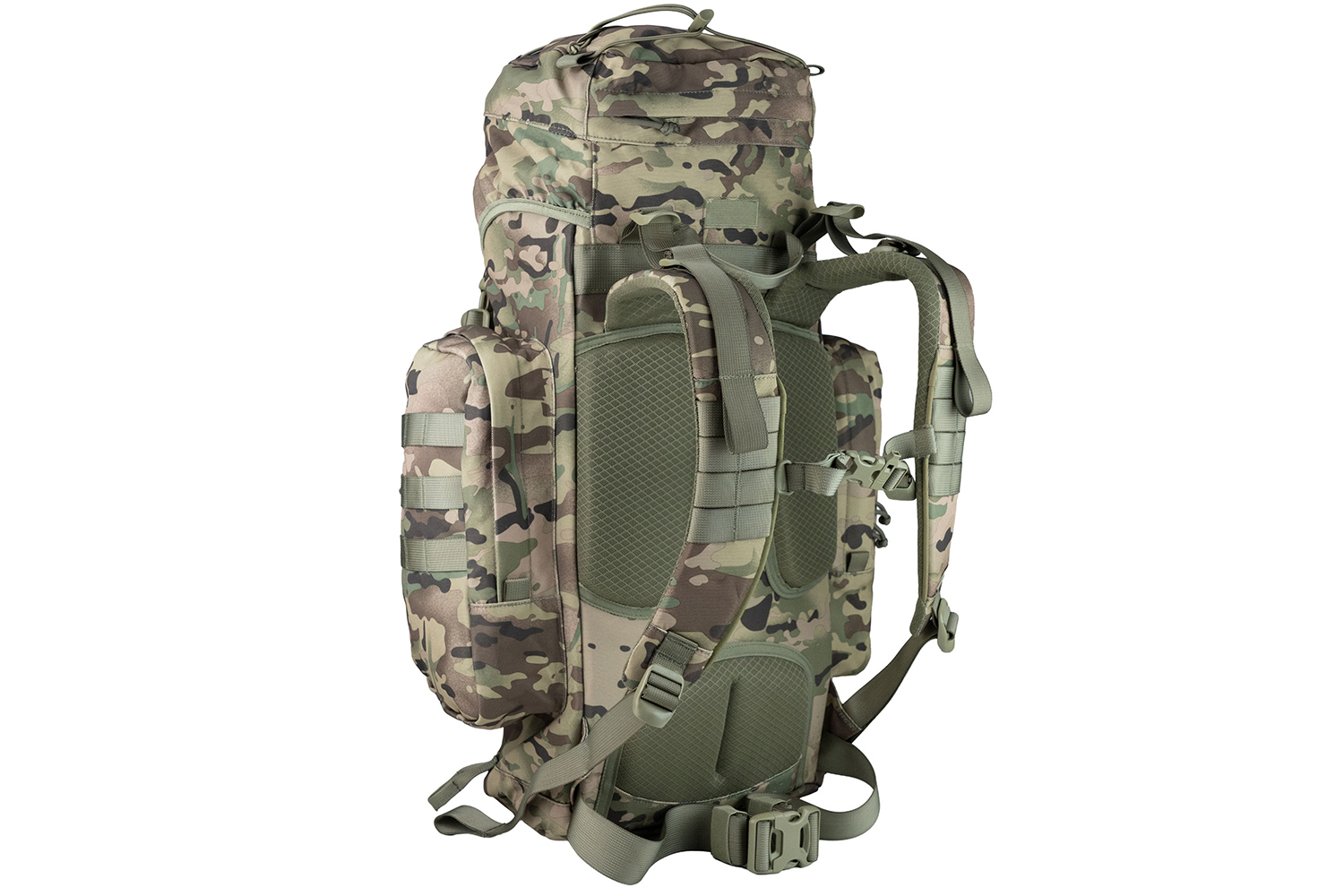 Taktischer Rucksack im Tarnmuster mit gepolsterten Schultergurten, Netzrückwand und verstellbarem Hüftgurt.