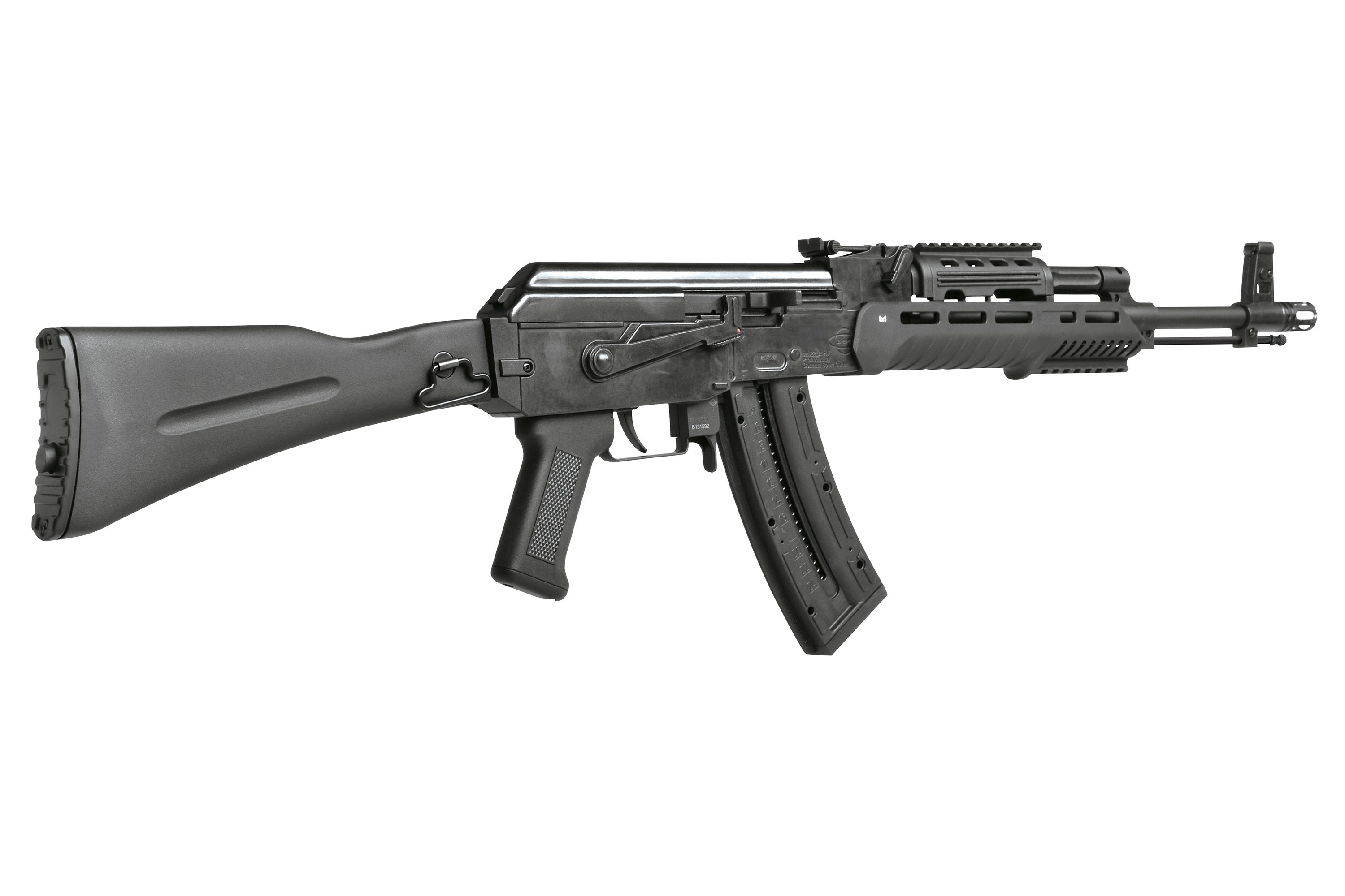 Schwarzes Kalaschnikow-Luftgewehr im AK-47-Stil mit Kunststoffschaft, Polymerhandschutz und abnehmbarem Kastenmagazin.