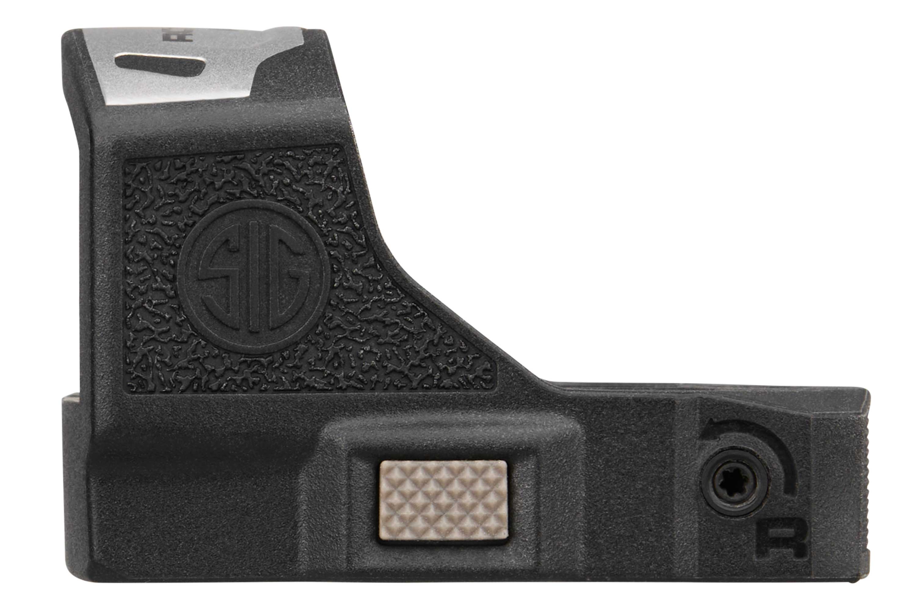Seitenansicht eines schwarzen Leuchtpunktvisiers von Sig Sauer Romeo mit strukturierter Grifffläche und Einstellschraubenmechanismus.