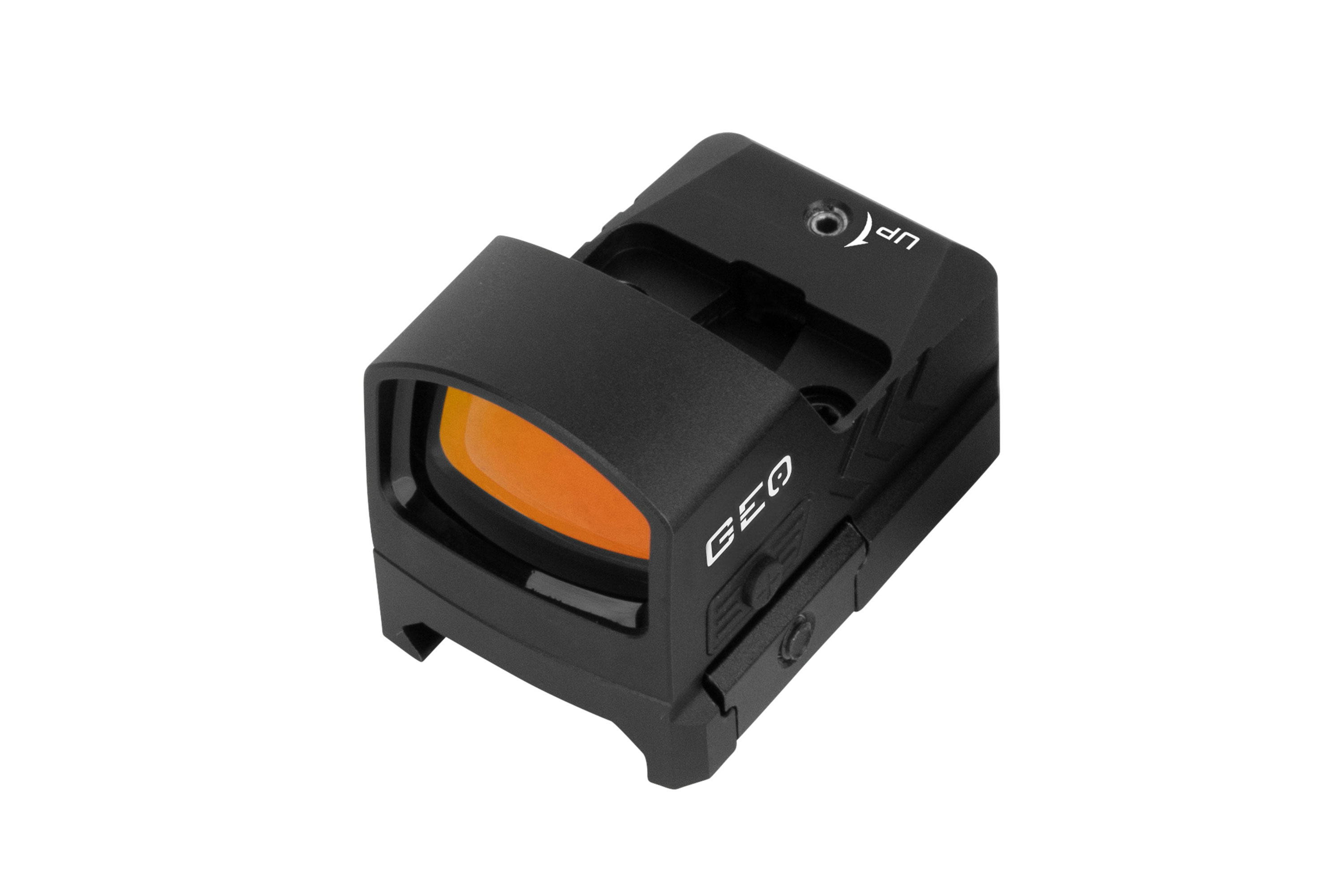 Schwarzes GEO-Reflex-Leuchtpunktvisier mit orange getönter Linse und Einstellmarkierungen auf einem kompakten Metallgehäuse.