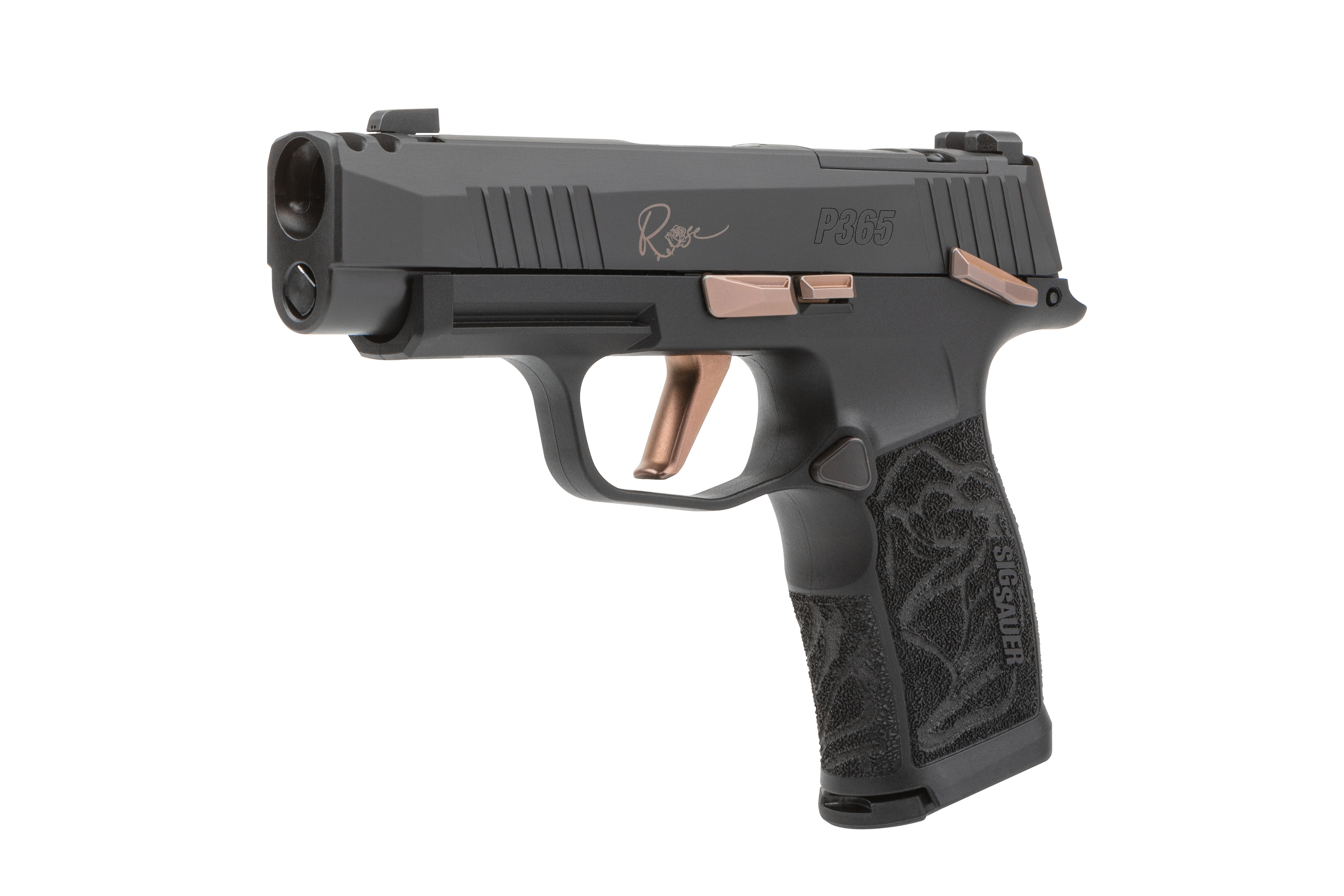 Sig Sauer P365 Luftpistole in Schwarz mit roségoldenen Akzenten und strukturiertem Griff, ideal für Schusswaffenliebhaber.