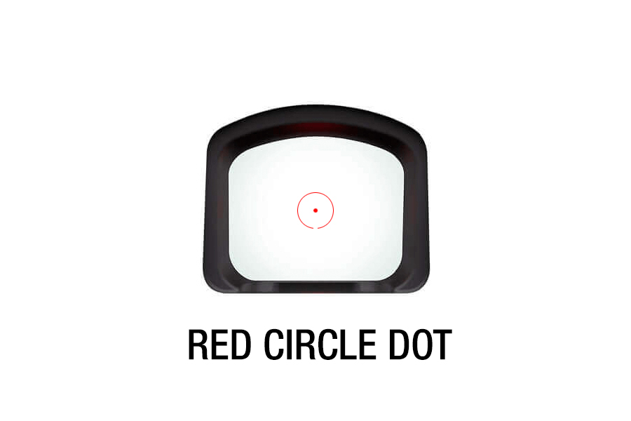 Ein rotes, kreisförmiges Punktabsehen, das in einem schwarzen Reflexvisierfenster vor einem schlichten weißen Hintergrund für die Optik angezeigt wird.