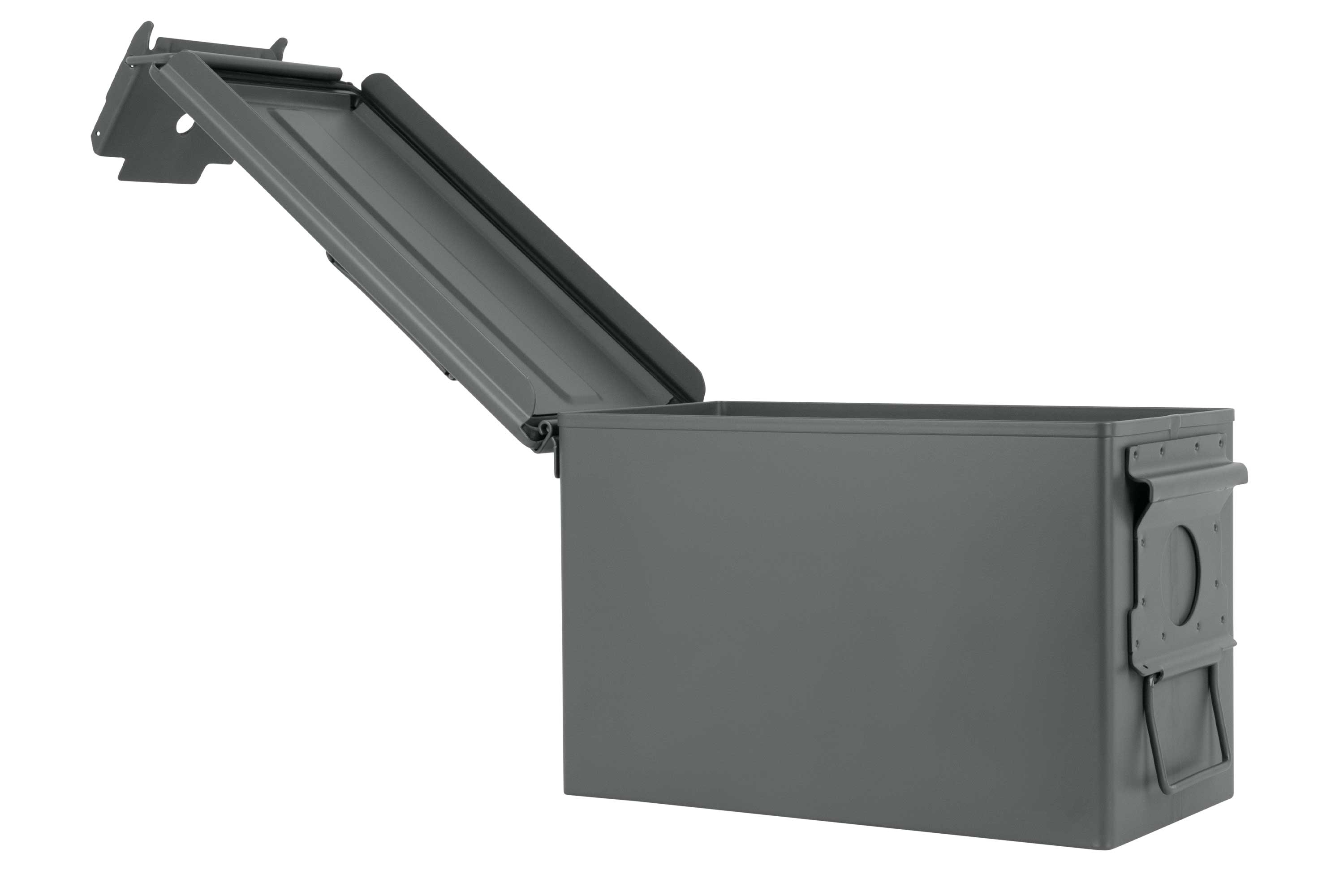 Eine robuste Aufbewahrungsbox für Munition aus grauem Metall mit Klappdeckel, ideal für die Aufbewahrung von Schusswaffenzubehör und -ausrüstung.