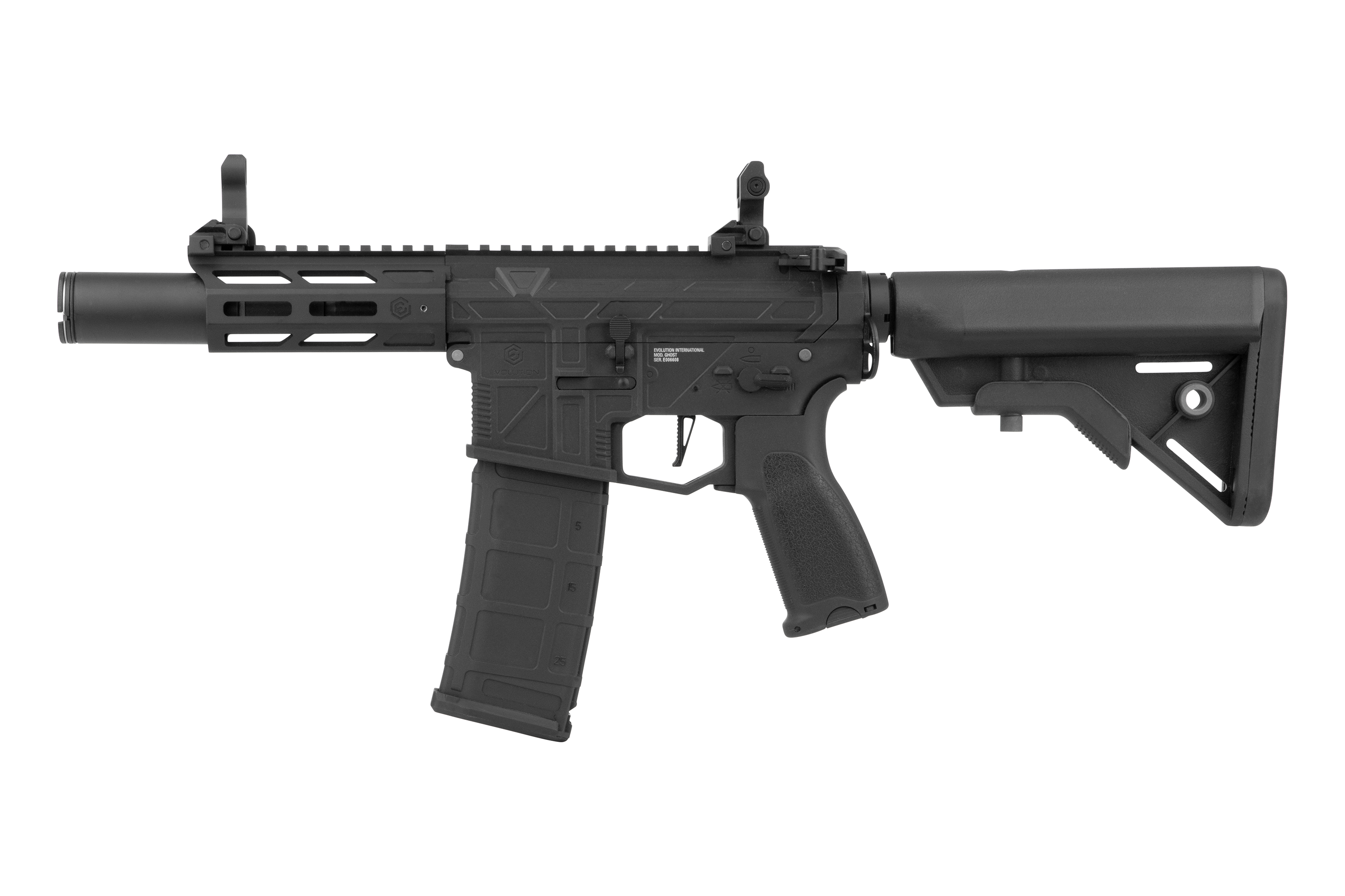 Airsoft-Gewehr „Evolution International Ghost“ in Schwarz mit taktischem Handschutz, verstellbarem Schaft und Magazin.