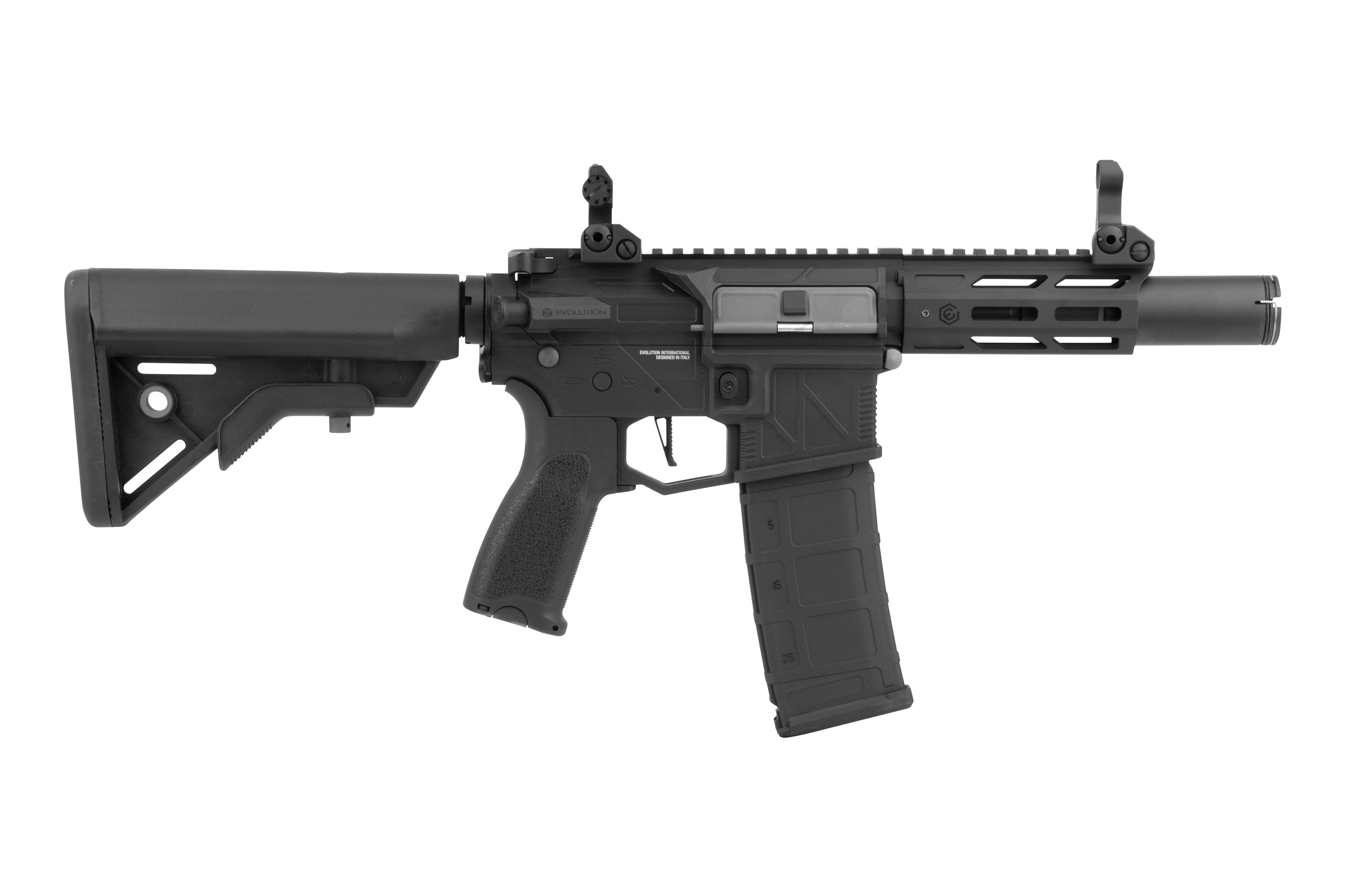 Schwarzes Airsoft-Karabinergewehr von Evolution International mit verstellbarem Schaft, Polymermagazin und taktischem Schienensystem.