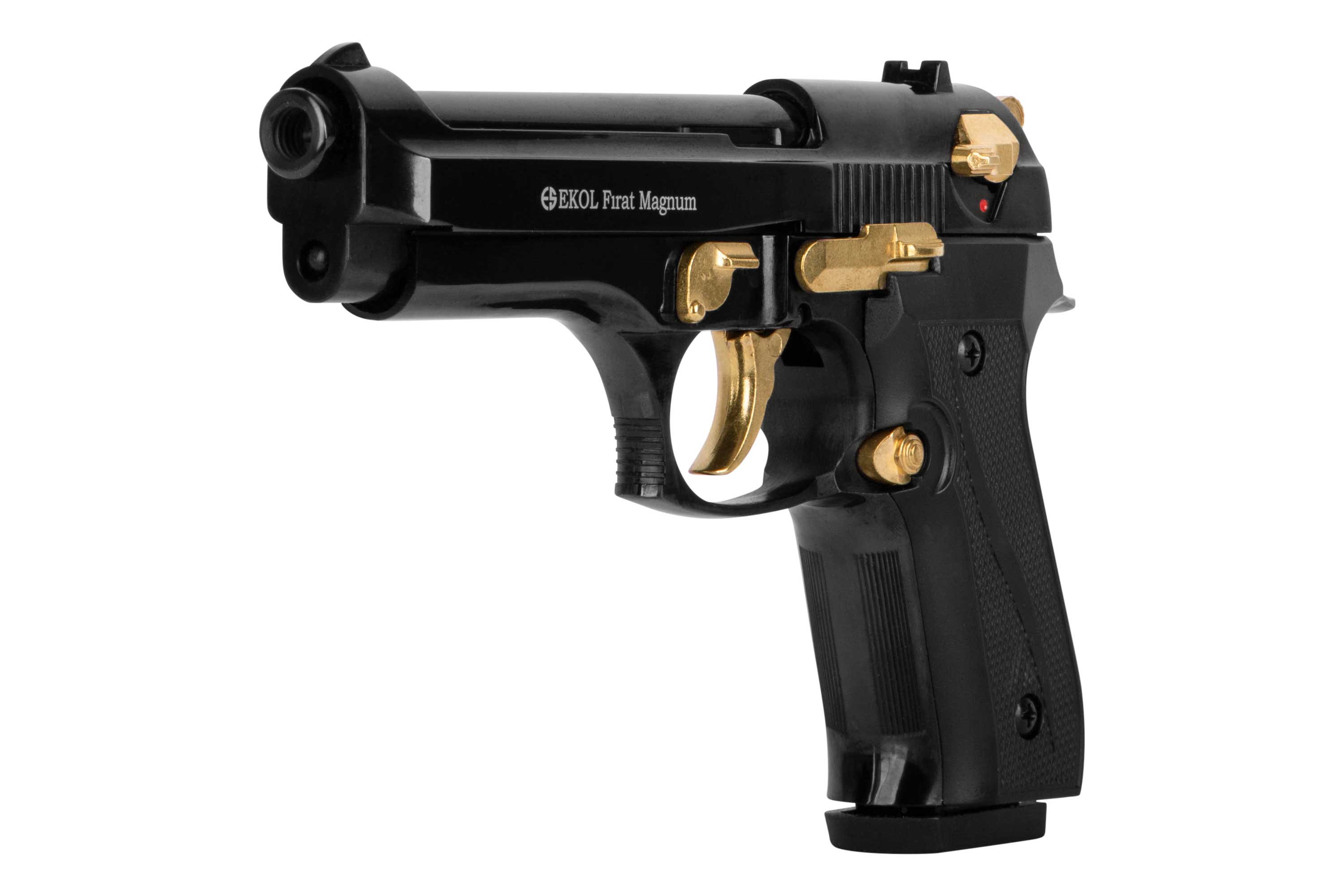 EKOL Firat Magnum Luftpistole mit schwarzem Finish und goldenen Akzenten, ideal für Enthusiasten.