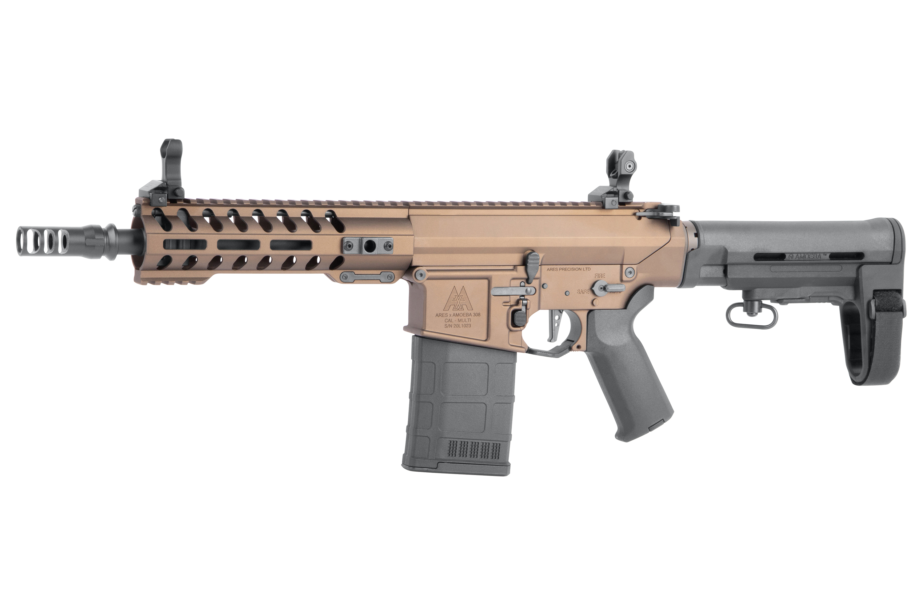 Ares Amoeba 308 Airsoft-Gewehr in Bronze-Finish mit schwarzem Mobiliar, taktischem Handschutz und Mündungsbremse.