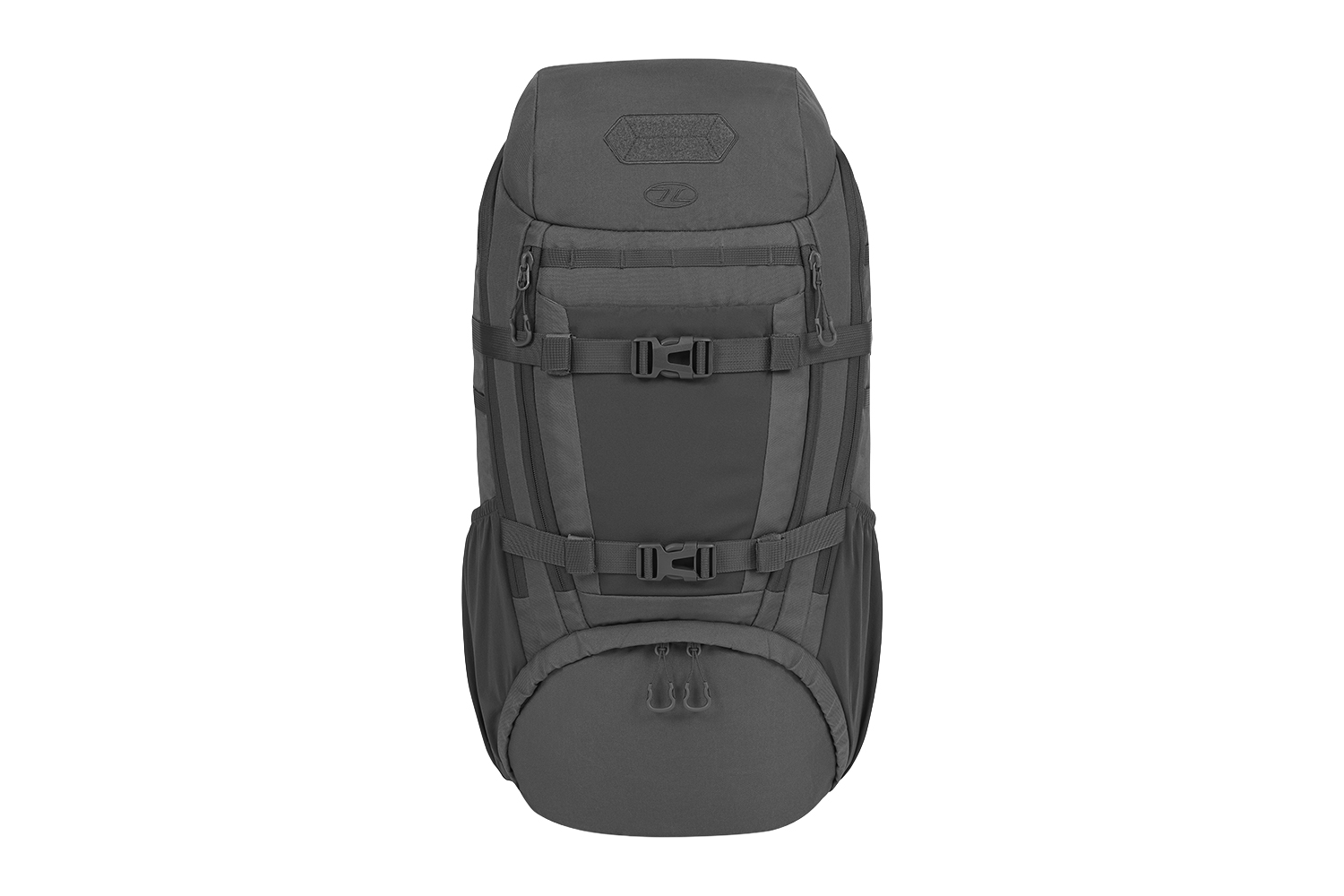 Vorderansicht eines dunkelgrauen taktischen Rucksacks mit mehreren Kompressionsriemen, MOLLE-Gurtband und Reißverschlusstaschen.