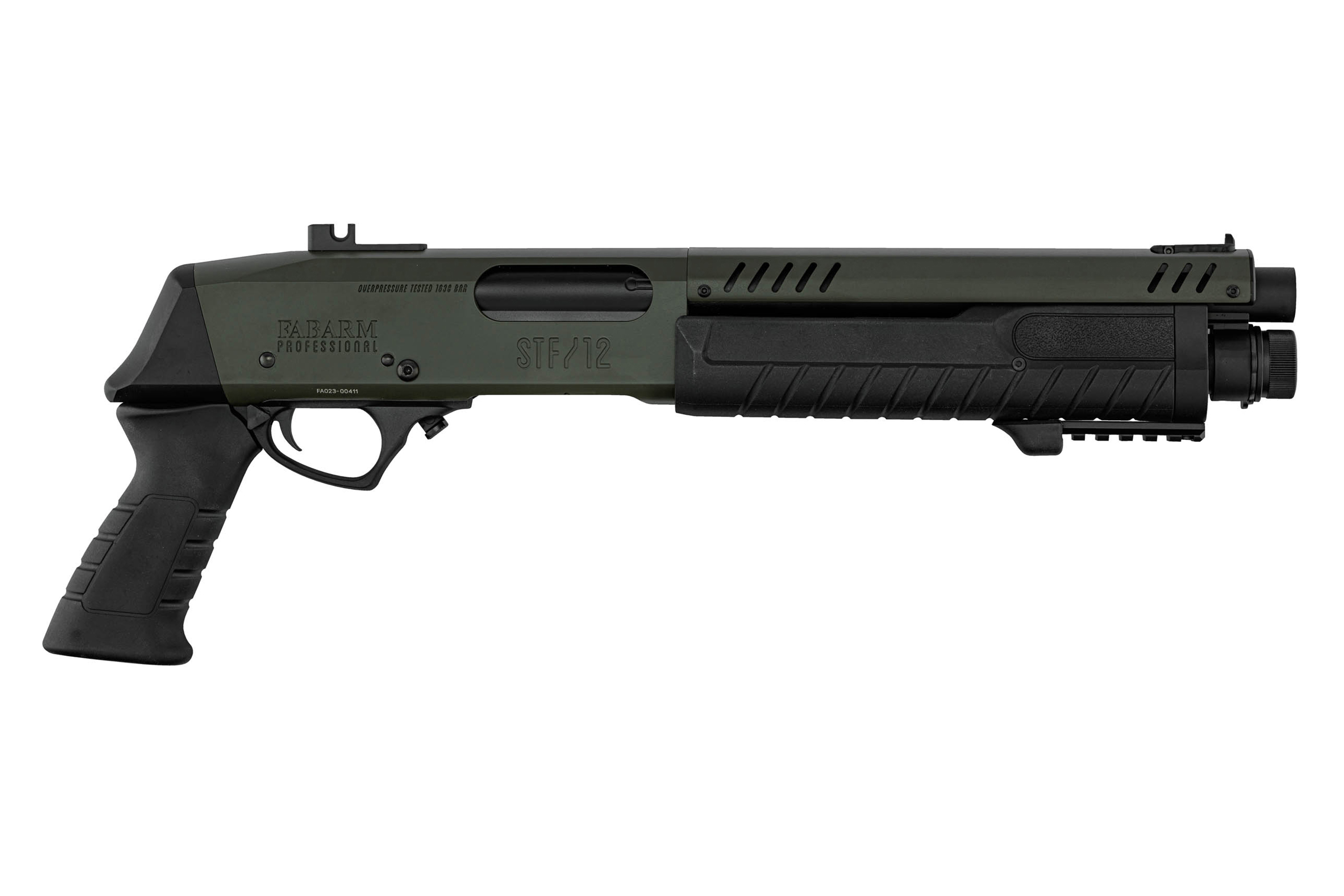 Fabarm STF/12 Luftflinte in Olivgrün und Schwarz mit taktischem Pistolengriff und robuster Metallkonstruktion.
