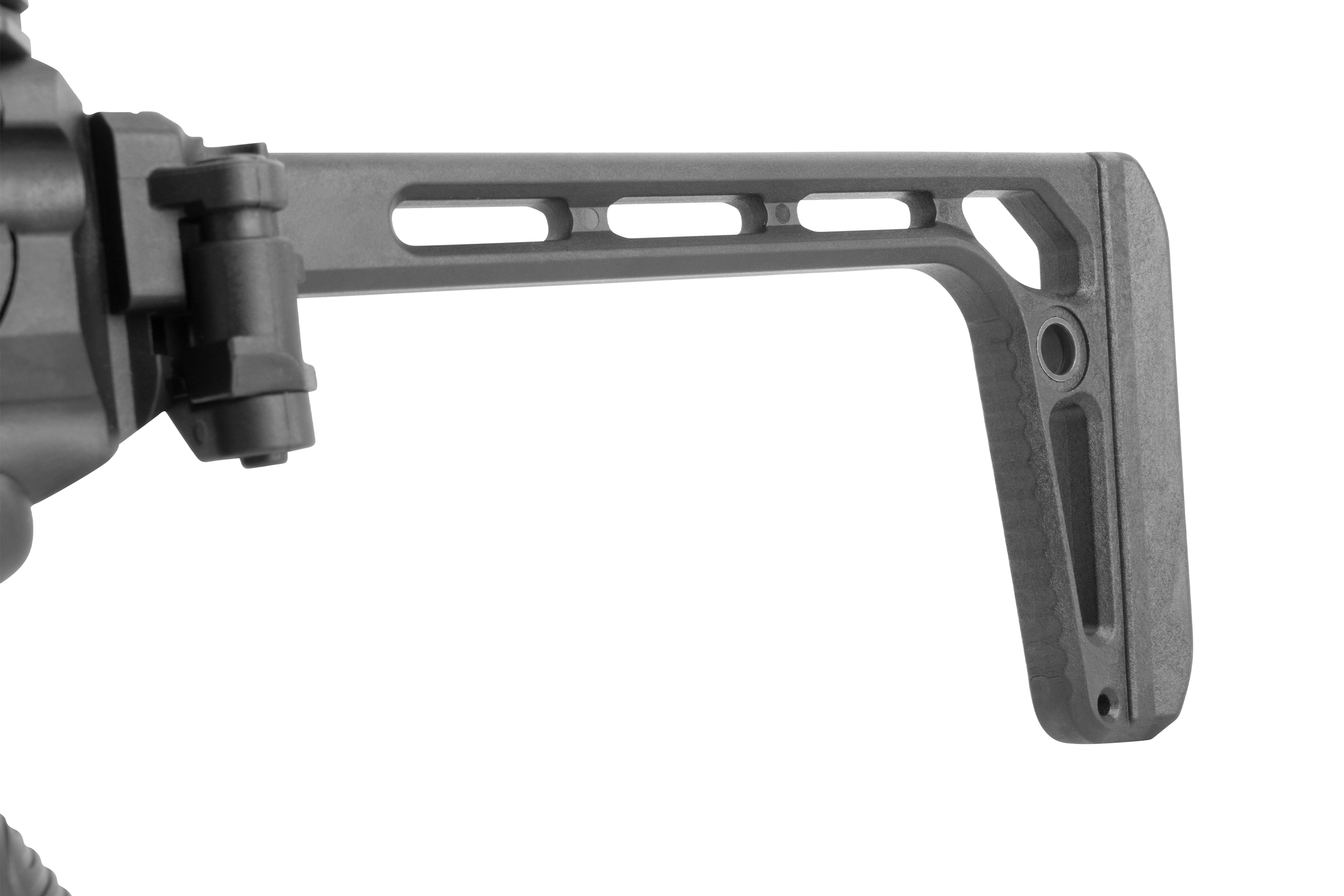 Schwarzer, skelettierter, verstellbarer Gewehrschaft aus Polymer für Airsoft- und Schusswaffen mit Klappmechanismus.