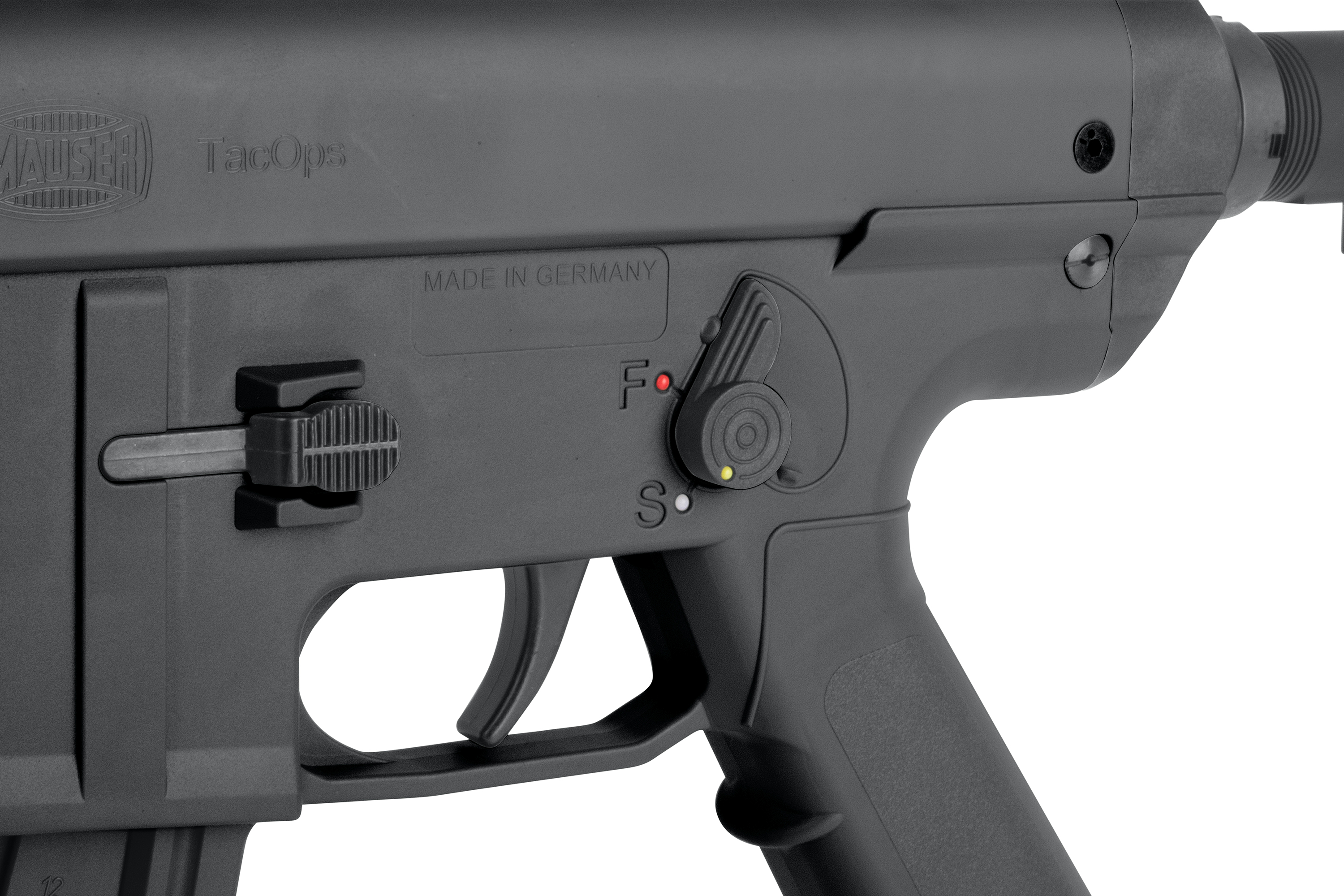 Nahaufnahme der Walther TacOps-Luftpistole mit Sicherheitswahlschalter und ergonomischem Griffdesign.