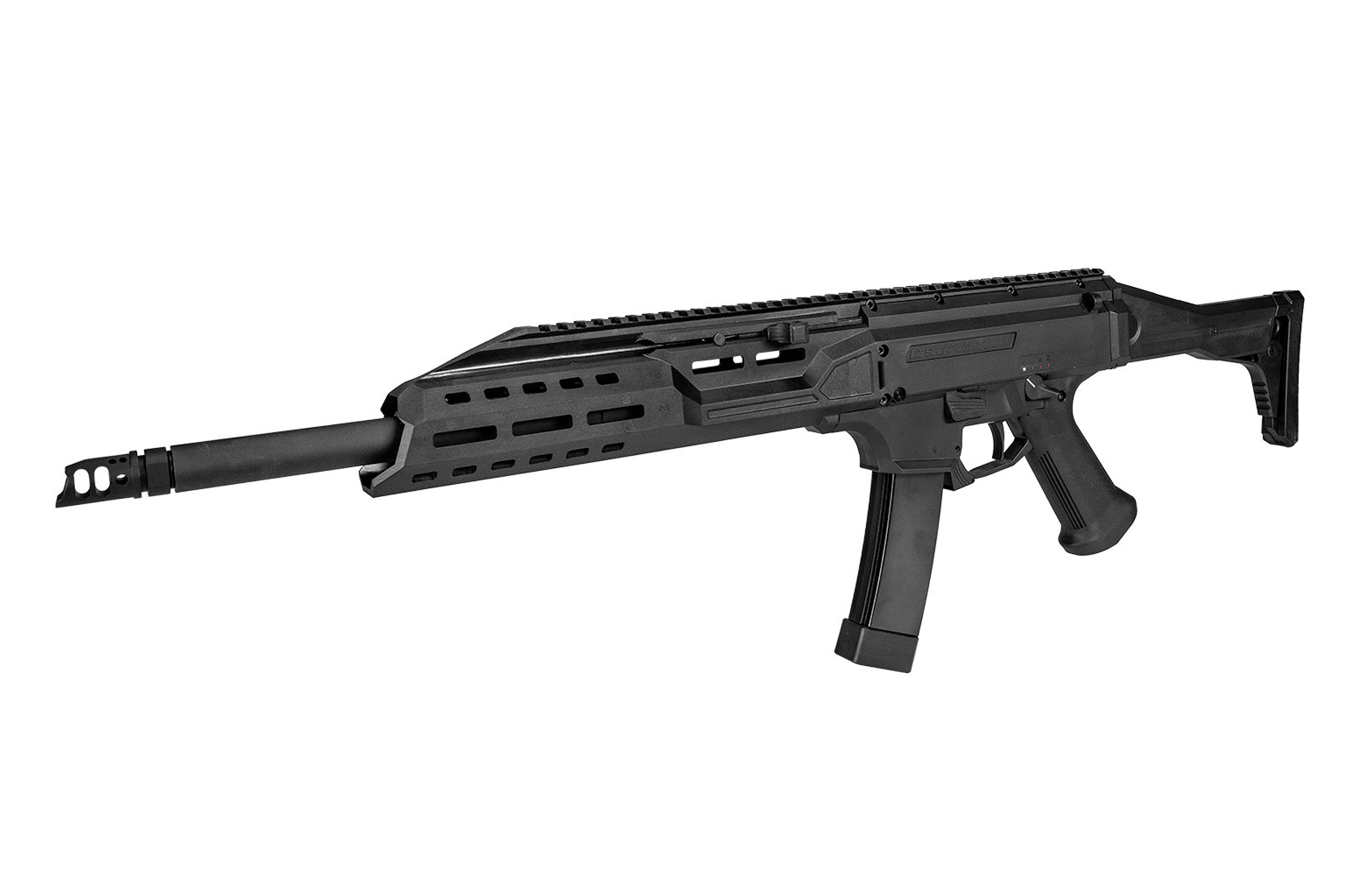 Schwarzer Airsoft-Karabiner CZ Scorpion EVO 3 A1 mit langem Lauf, taktischem Handschutz und Klappschaft auf weißem Hintergrund.