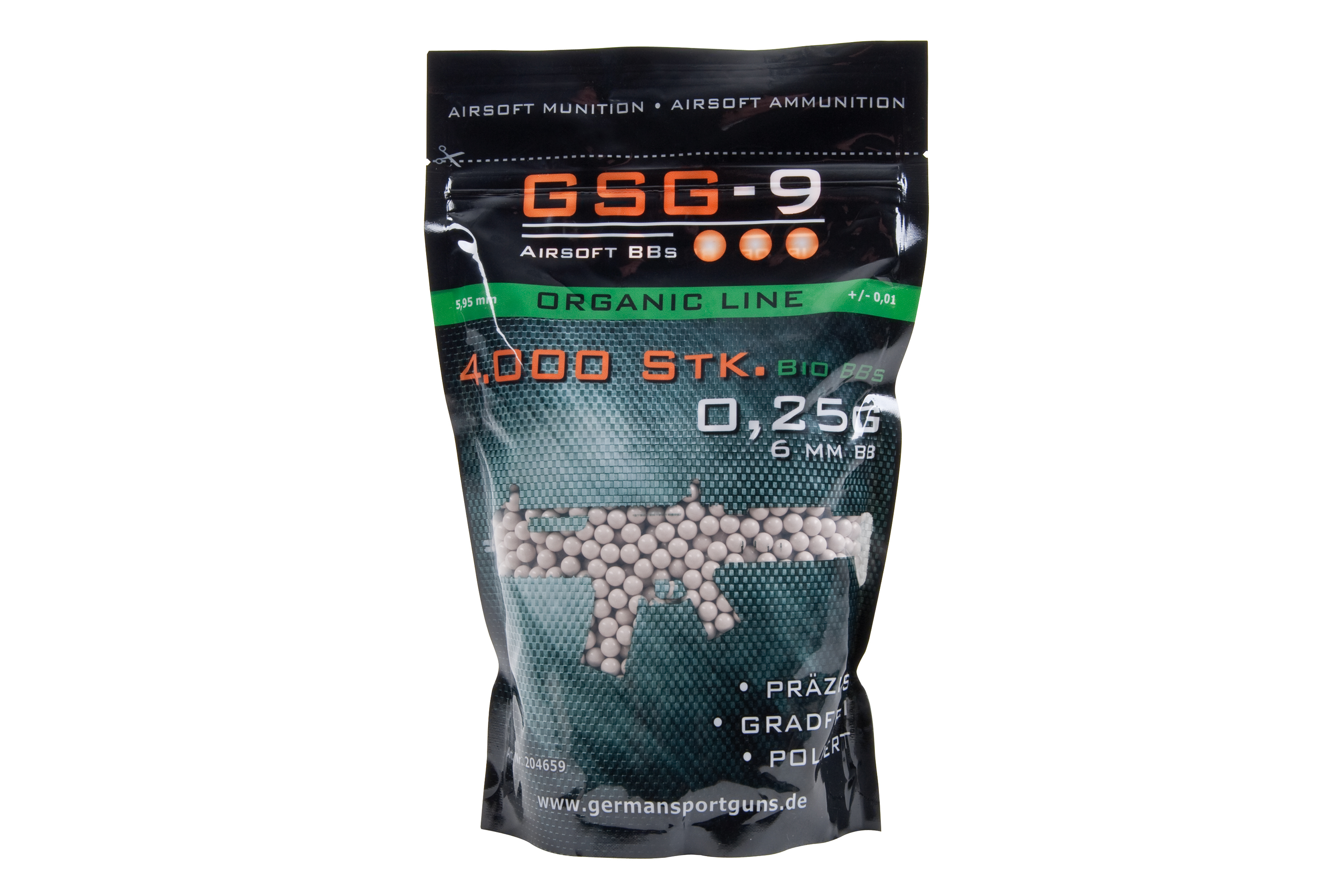 GSG-9 Bio-Airsoft-BBs, 0,25 g, 4000 Stück, 6 mm, umweltfreundliche Verpackung.