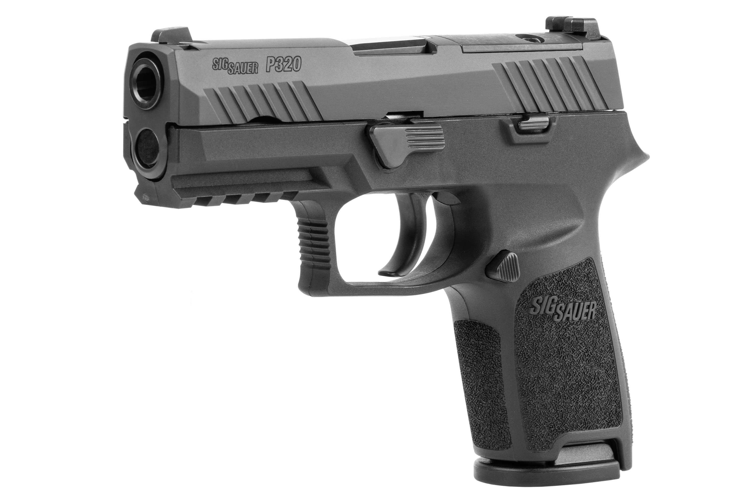 SIG Sauer P320 Luftpistole in Schwarz mit strukturiertem Griff und taktischem Design für Schusswaffenliebhaber.