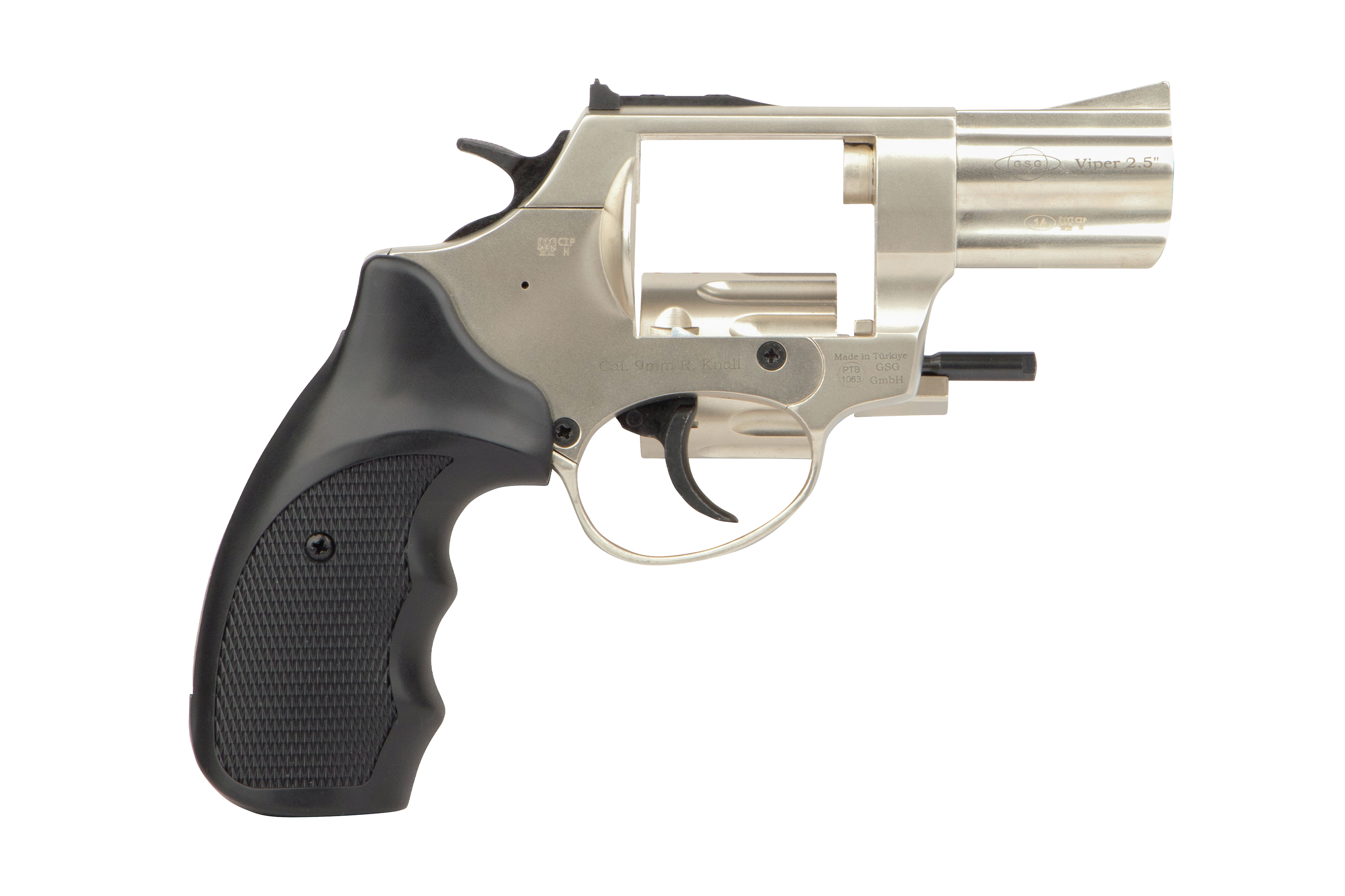 GSG Viper 2,5-Zoll-Gasrevolver in silberner Ausführung mit schwarzem strukturiertem Griff, isoliert auf weißem Hintergrund.