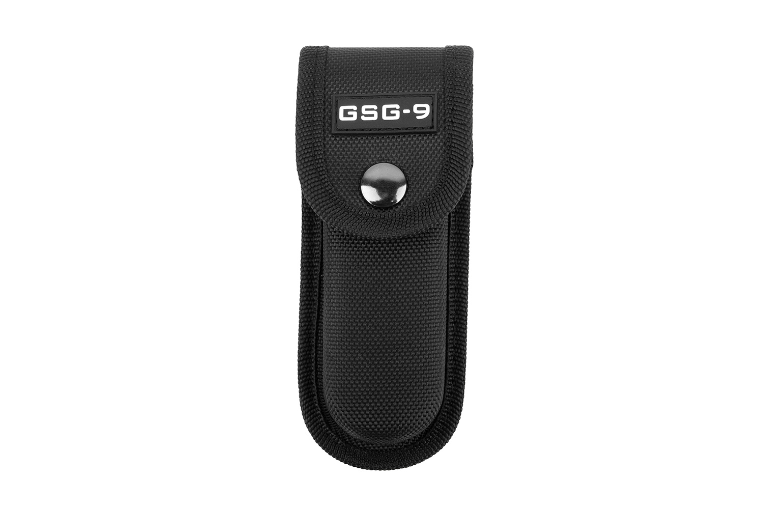 Schwarzes GSG-9-Nylonholster für taktisches Zubehör mit sicherem Druckknopfverschluss, langlebigem und kompaktem Design.