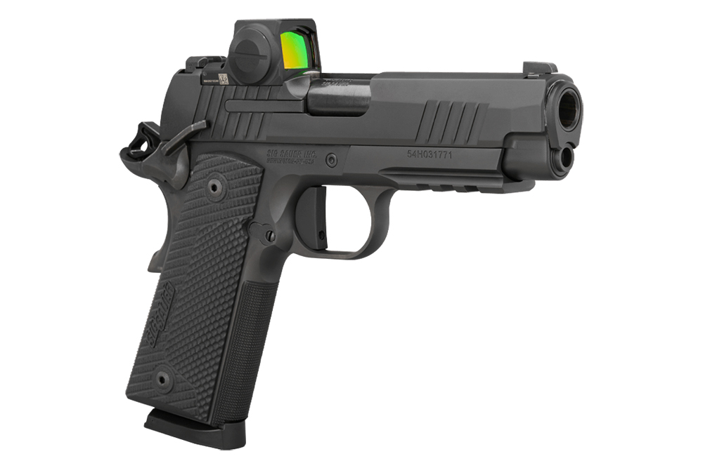 SIG Sauer-Luftpistole mit schwarzem Finish, Rotpunktvisier und strukturiertem Griff für bessere Handhabung.