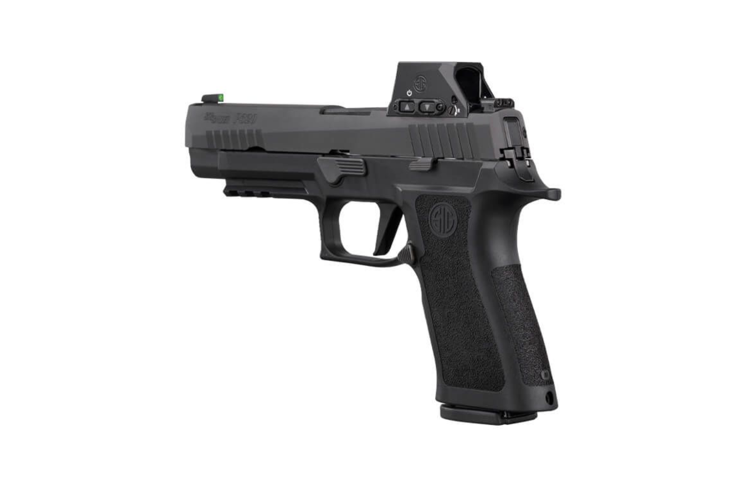 Sig Sauer P320 Luftpistole mit schwarzem Finish, taktischem Leuchtpunktvisier und strukturiertem Griff.
