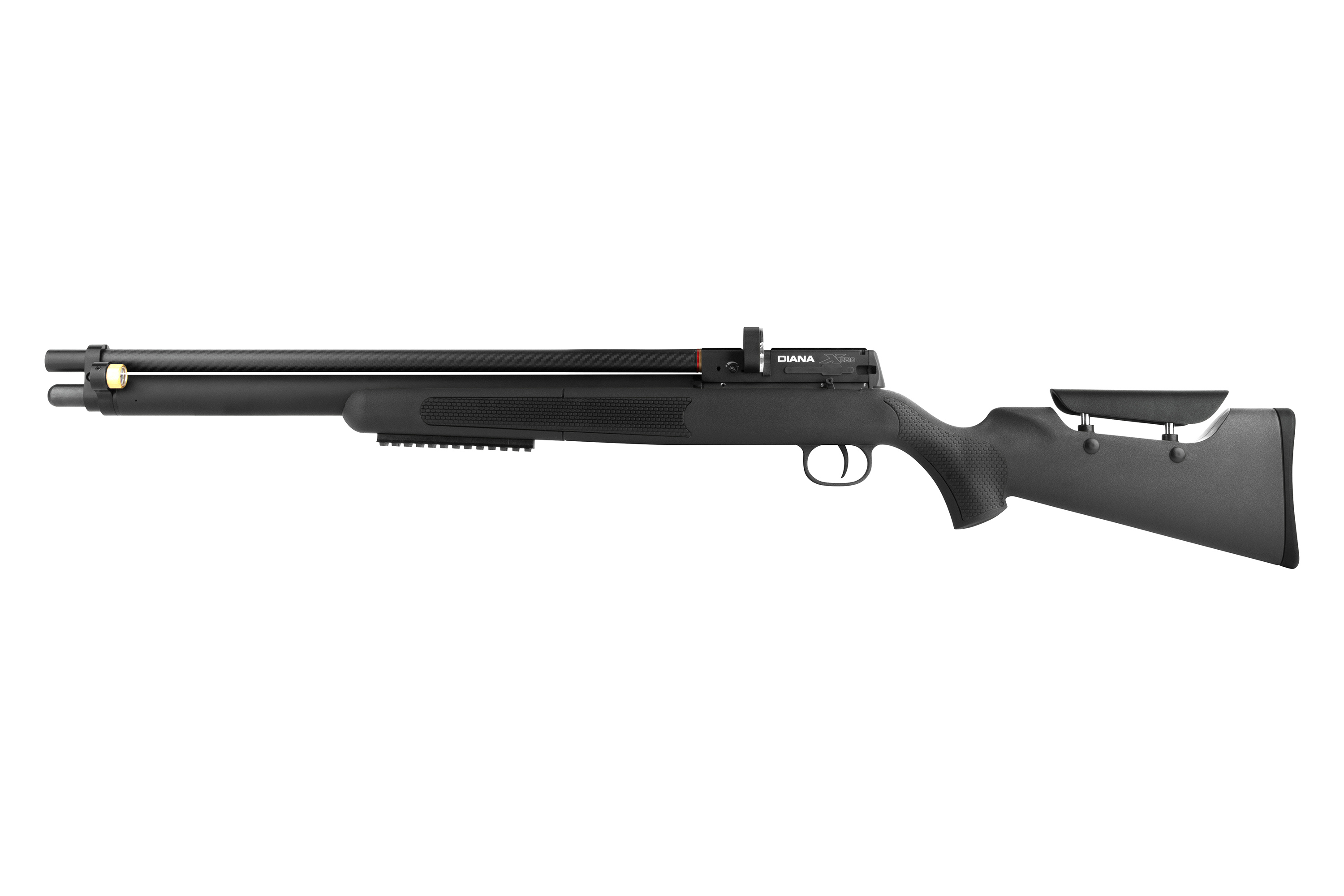 Diana Stormrider PCP-Luftgewehr in Schwarz mit Laufverkleidung im Carbonfaser-Stil, Kunststoffschaft und Backe.
