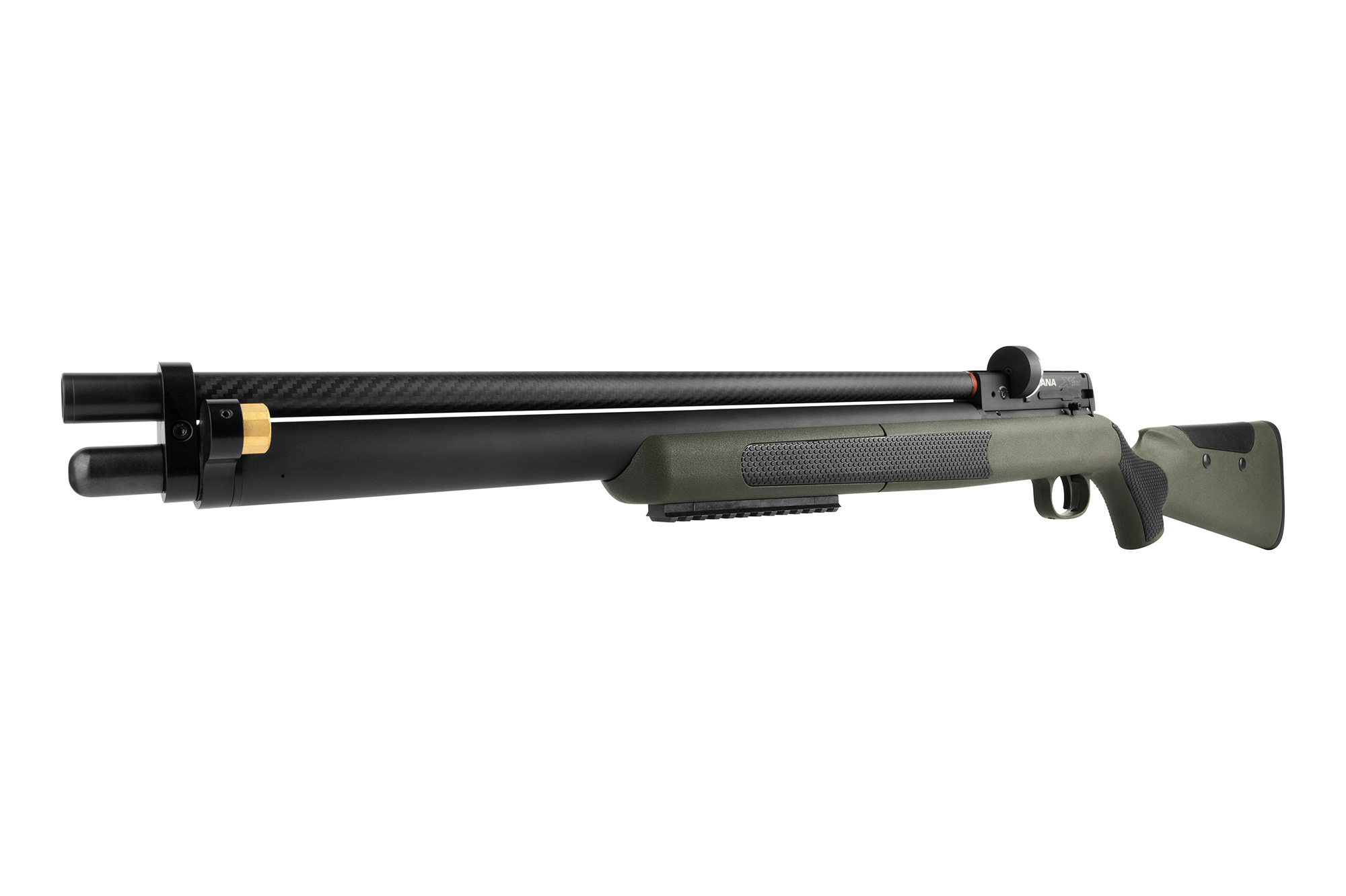 Seitenansicht eines olivgrünen Luftgewehrs mit Karbonfaserlauf, schwarzen Metallkomponenten und strukturierten Griffbereichen.