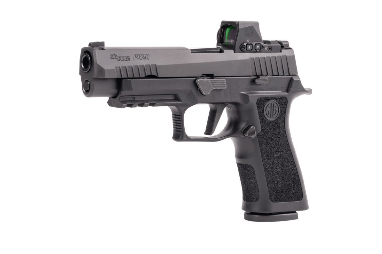 Schwarze Sig Sauer P320-Luftpistole mit montierter Red-Dot-Optik, strukturiertem Griff und Zubehörschiene auf weißem Hintergrund.