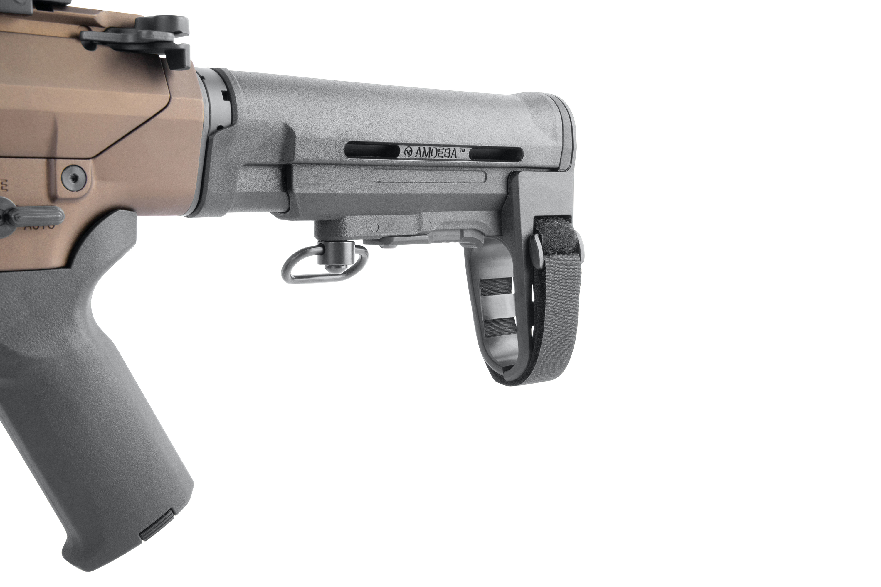 Ares Amoeba Airsoft-Gewehrschaft in Schwarz mit taktischem Design mit integrierter Riemenhalterung und Riemen.