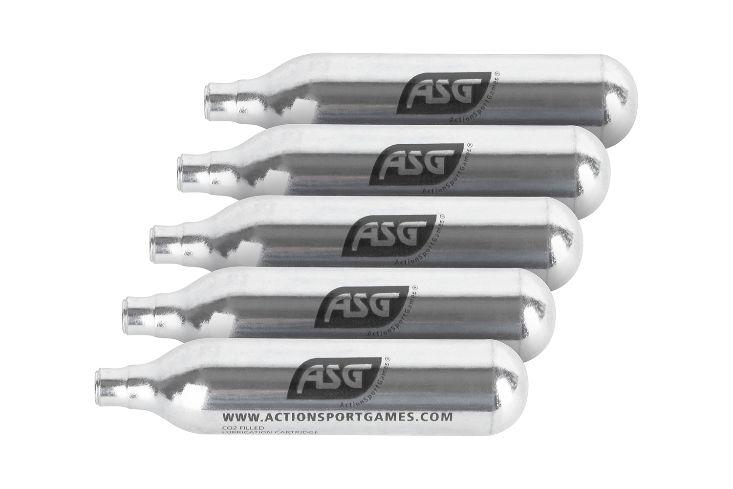 Fünf silberne ASG 12g CO2-Schmierkartuschen in einer Reihe angeordnet, mit dem ActionSportGames-Logo auf jedem Zylinder.