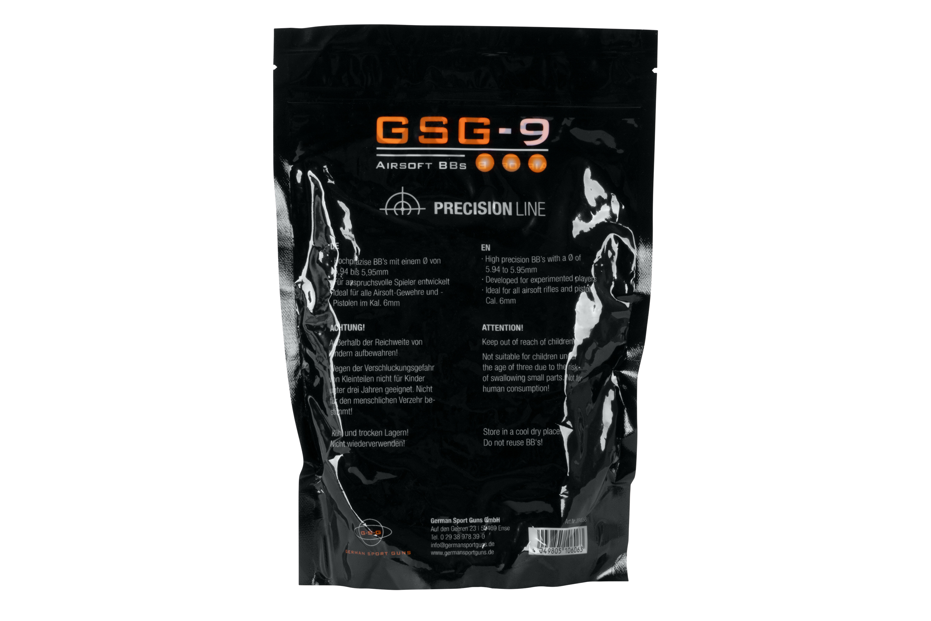 GSG-9 Airsoft BBs in einer schwarzen Tasche, hochpräzise, ​​Kaliber 5,94 bis 5,95 mm, ideal für Airsoft-Gewehre und -Pistolen.