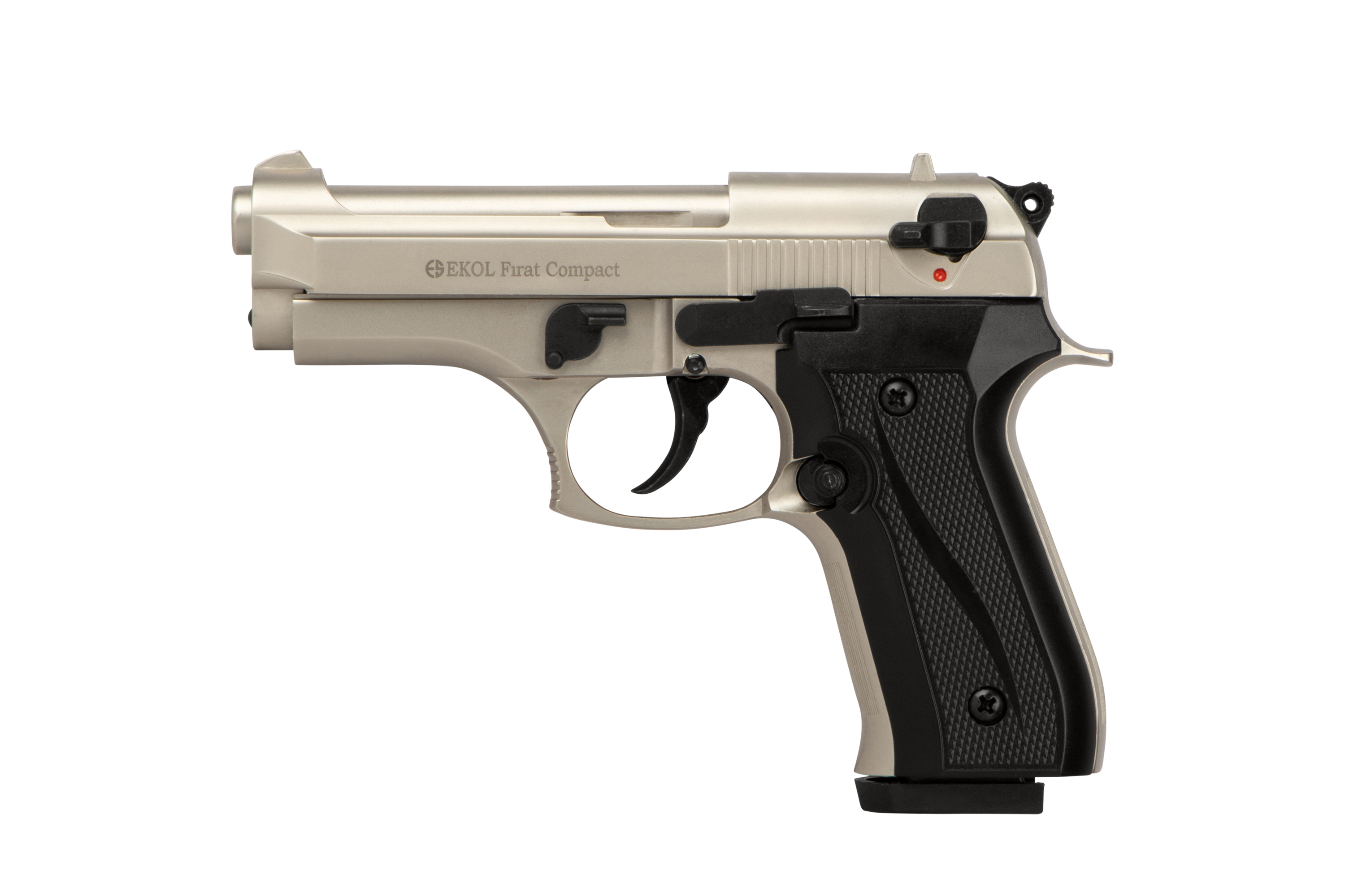 EKOL Firat Compact Luftpistole in Silber und Schwarz, mit strukturiertem Griff und Sicherheitsmechanismus.