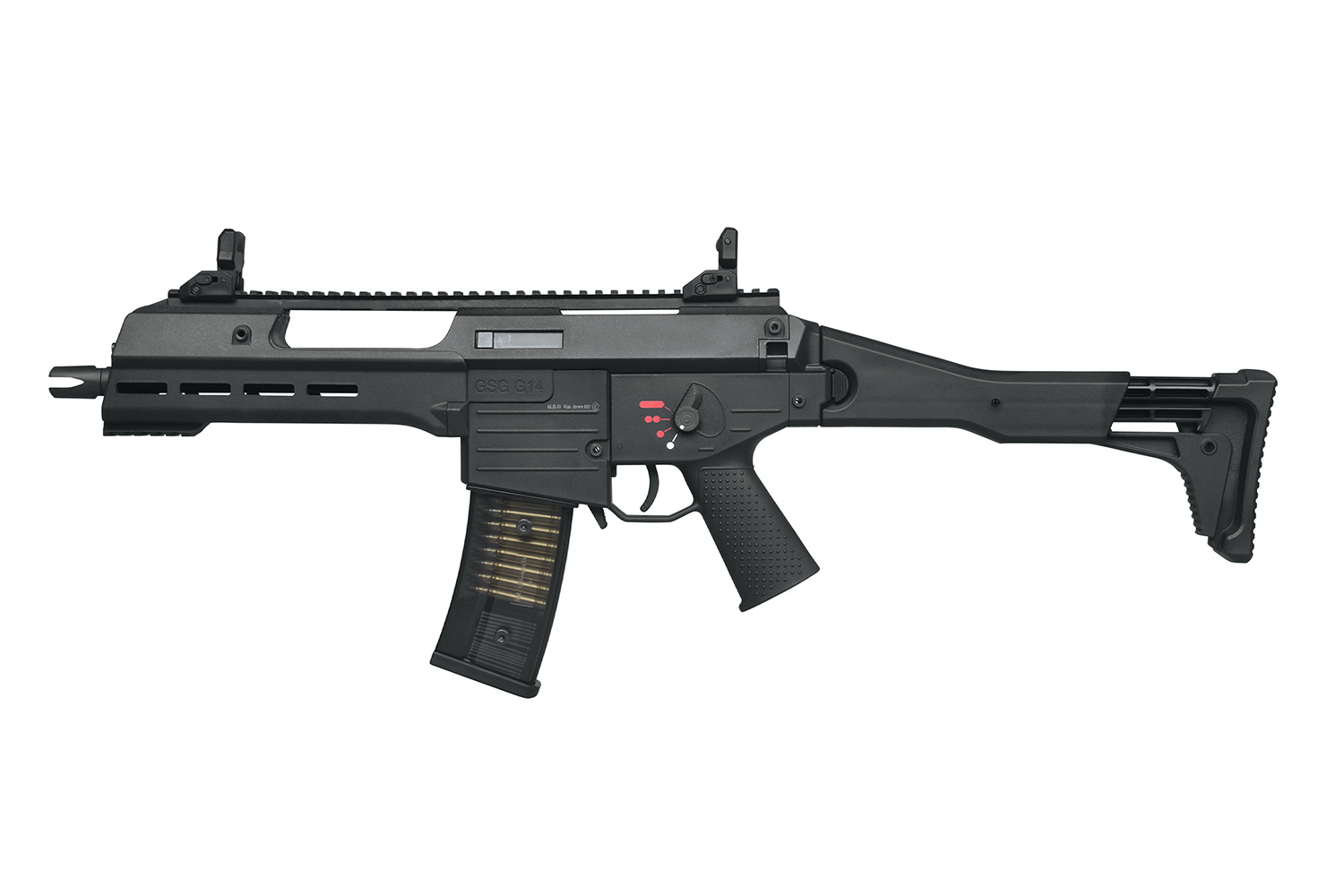 GSG G14 Airsoft-Gewehr in Schwarz mit taktischem Design, verstellbarem Schaft und transparentem Magazin auf weißem Hintergrund.