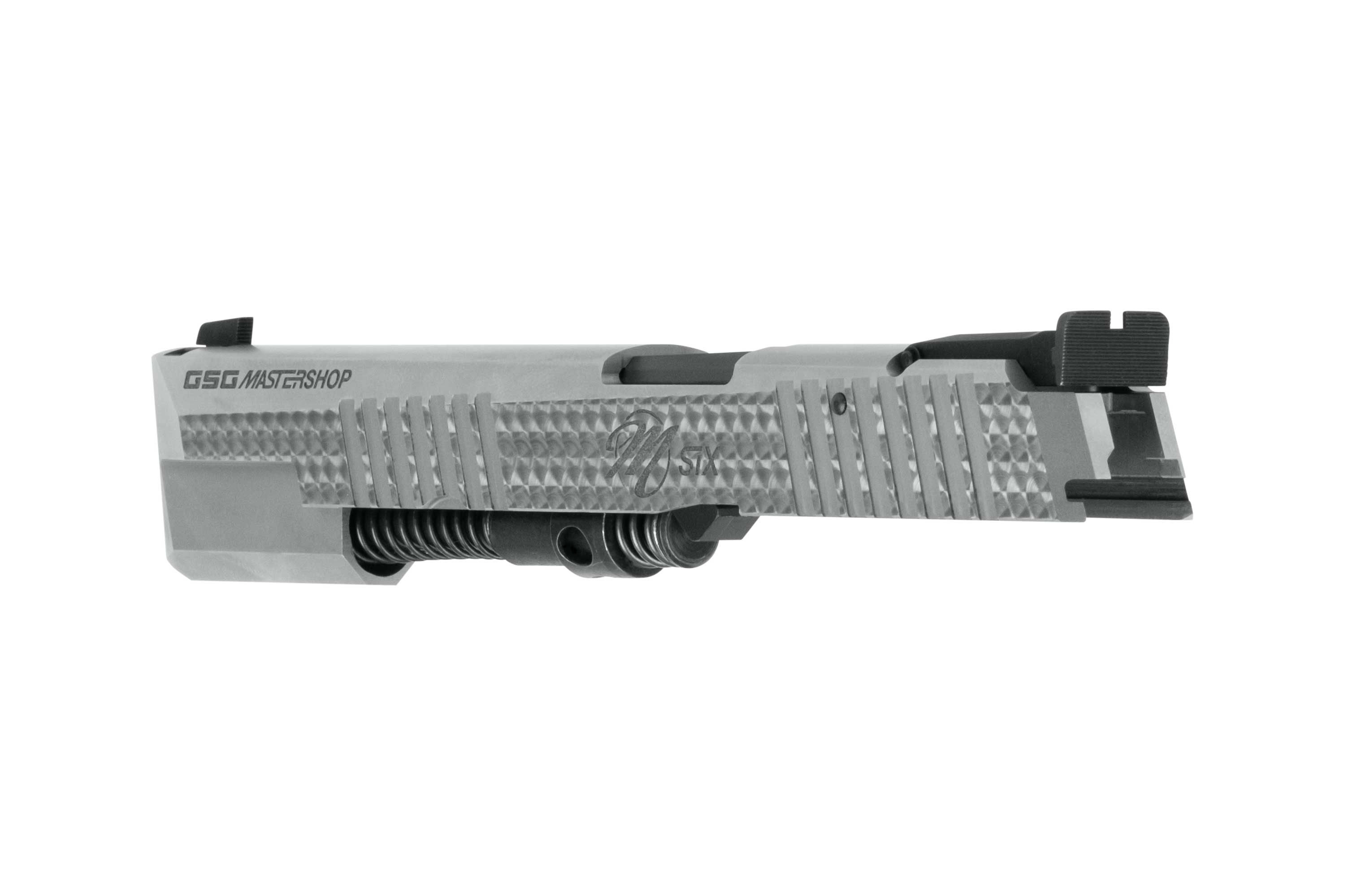 GSG Mastershop Luftpistolenschlitten in Silber mit strukturiertem Griff und Visier für erhöhte Genauigkeit.