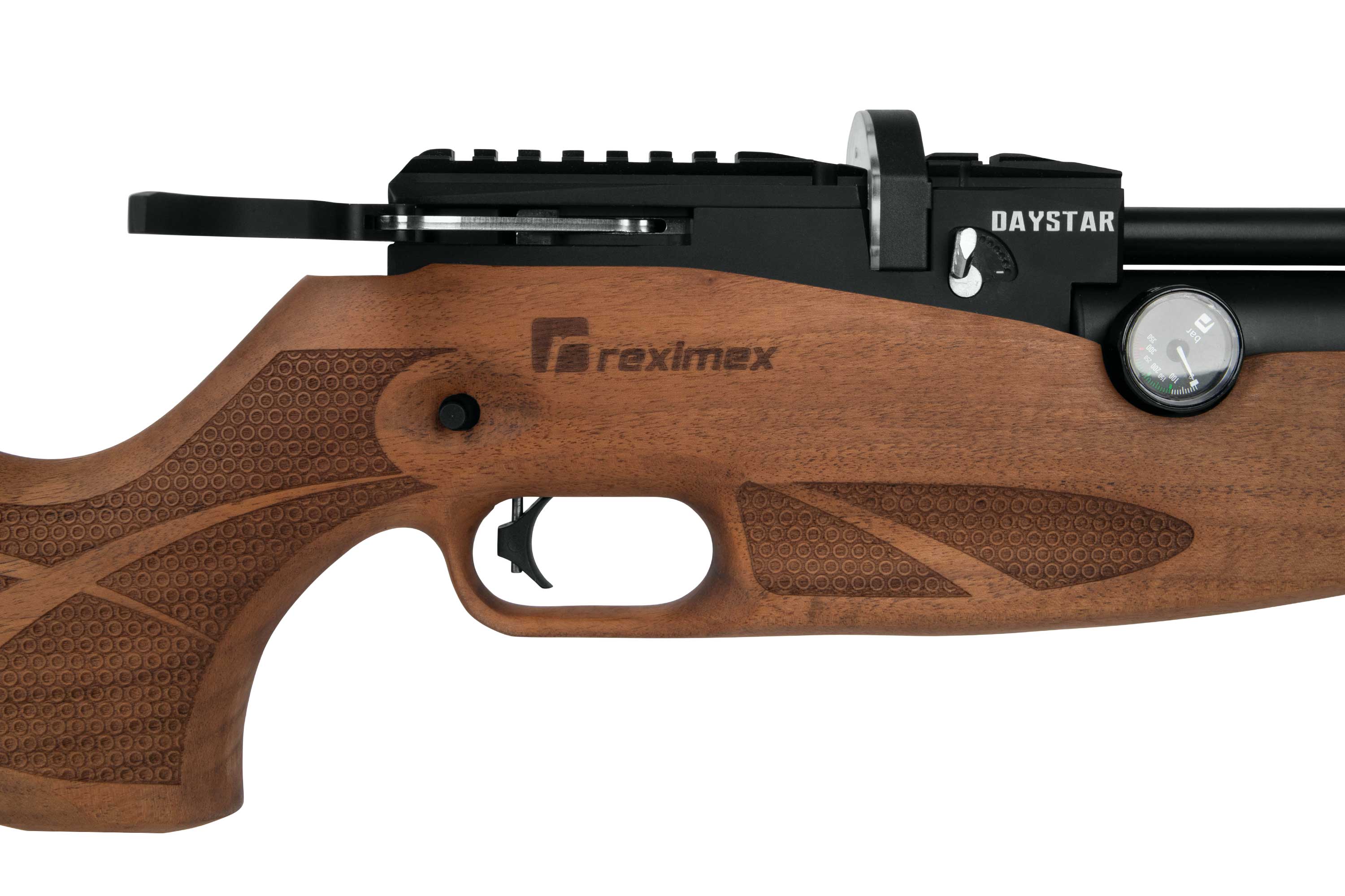 Reximex Daystar-Luftgewehr mit Holzschaft, verstellbarem Manometer und Schiene für die Optik.