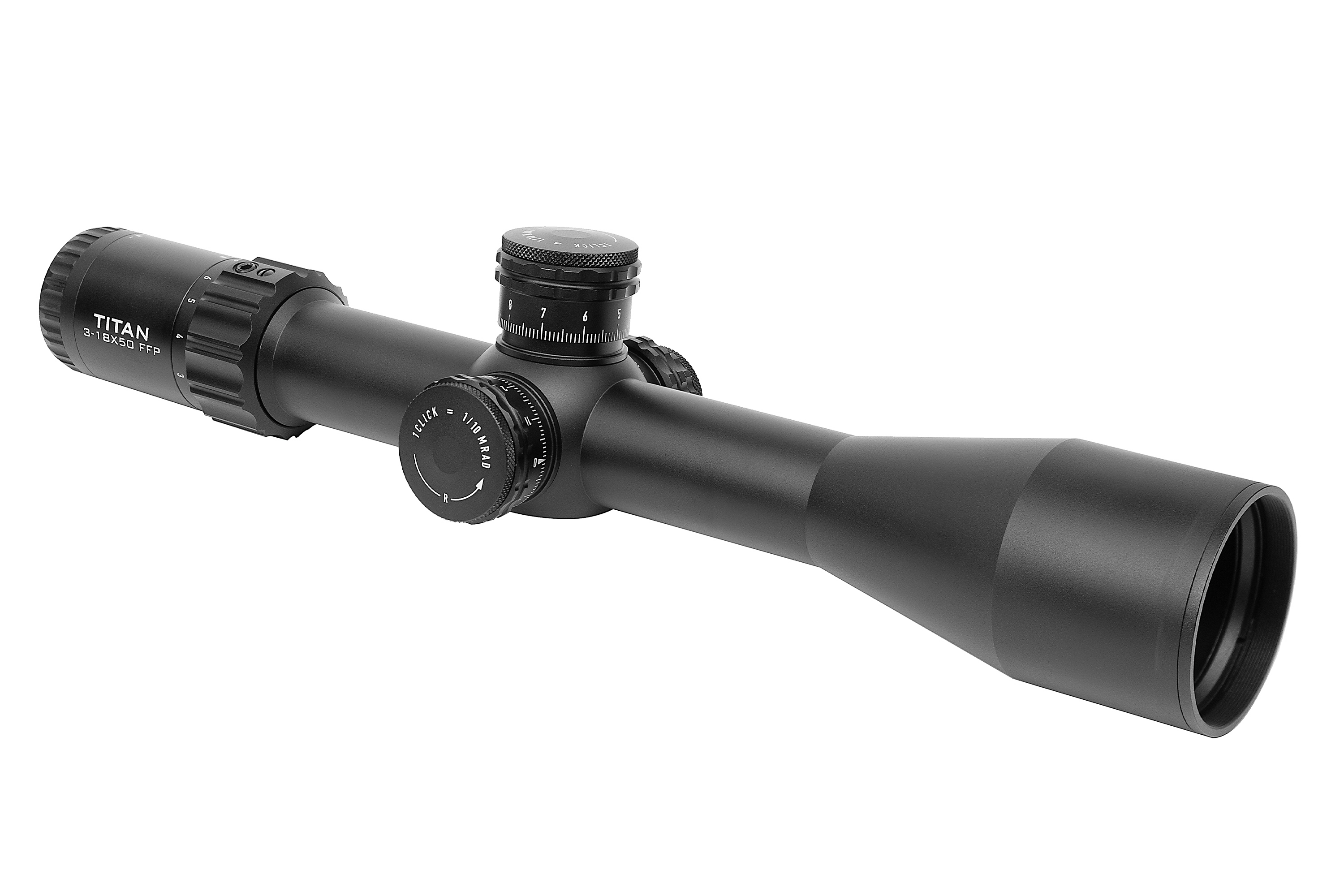 Titan 3-18x50 FFP-Zielfernrohr mit einstellbarer Vergrößerung und elegantem schwarzem Finish für präzises Schießen.