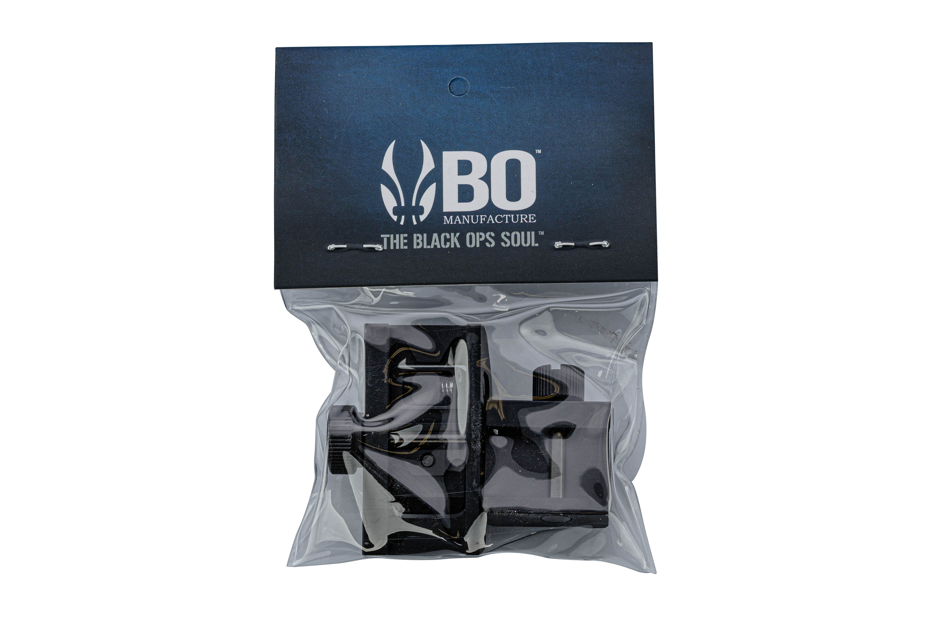 BO Manufacture schwarzes Visierzubehör aus Metall in versiegelter Originalverpackung aus Kunststoff mit Markenlogo und Kopfkarte.