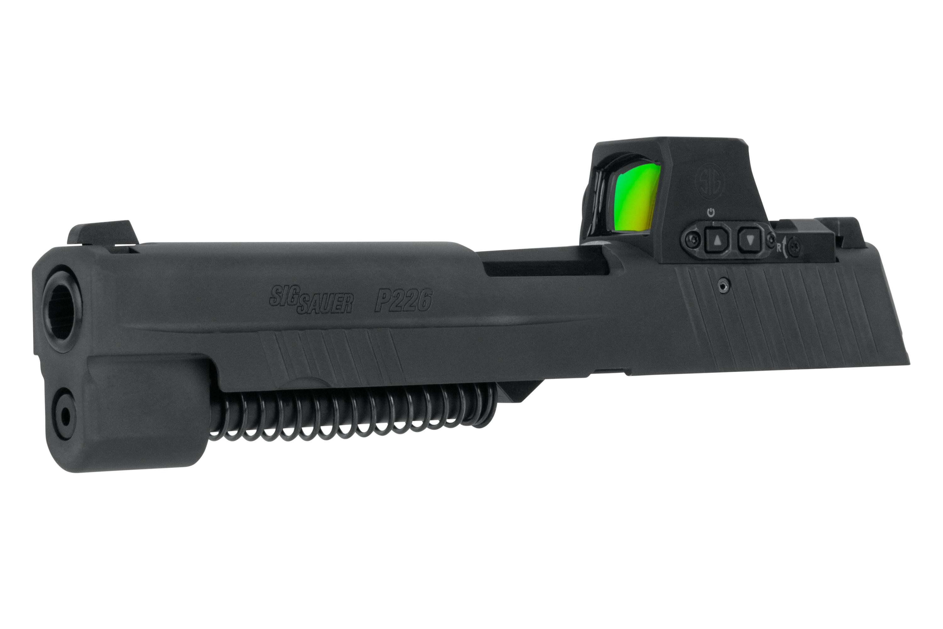 SIG Sauer P226 Schlittenbaugruppe mit integriertem Leuchtpunktvisier, elegantem schwarzem Finish und Präzisionskomponenten.