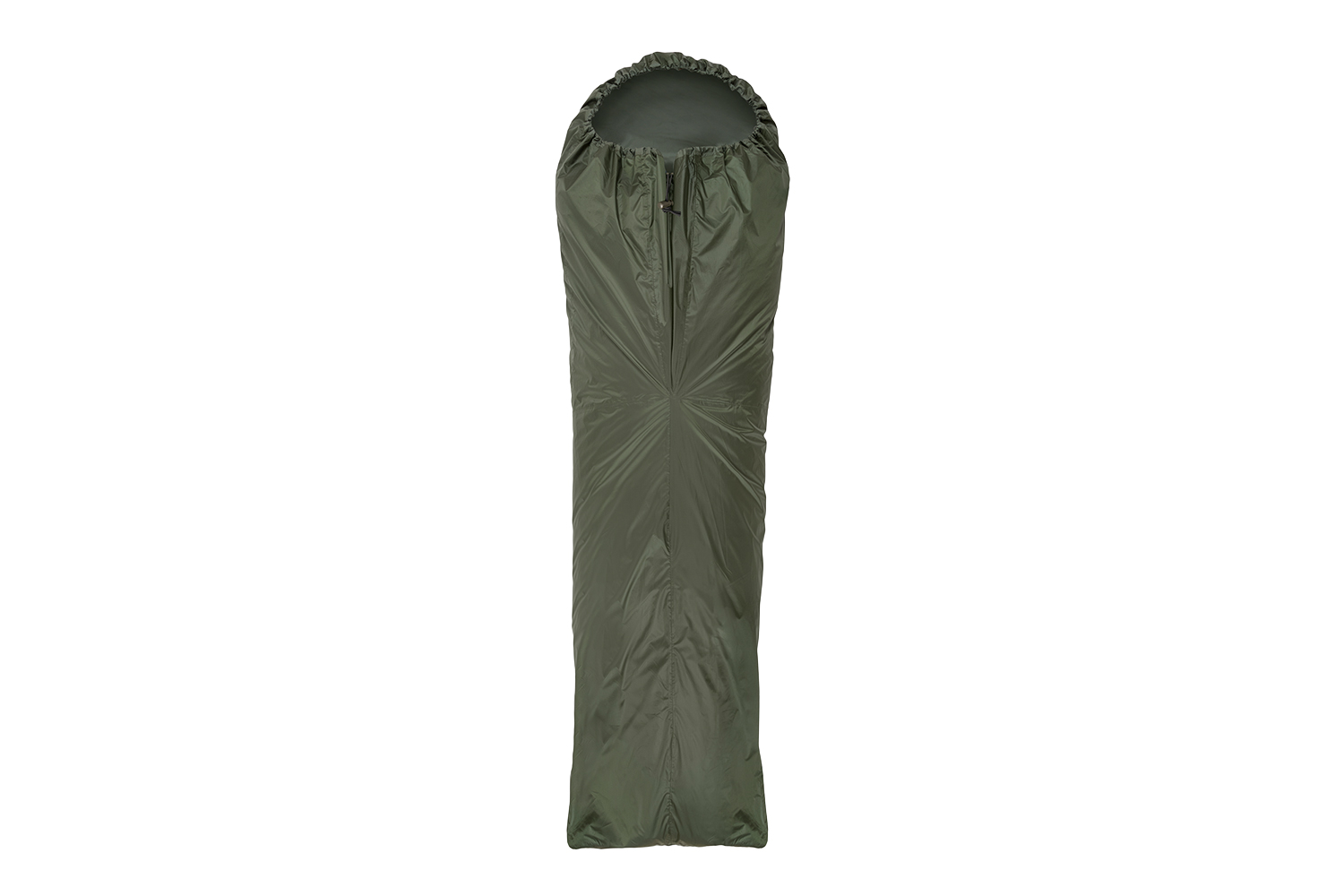 Ein Outdoor-Schlafsack im Mumienstil in Olivgrün mit zentralem Reißverschluss und einer Kapuze mit Kordelzug zur Isolierung.