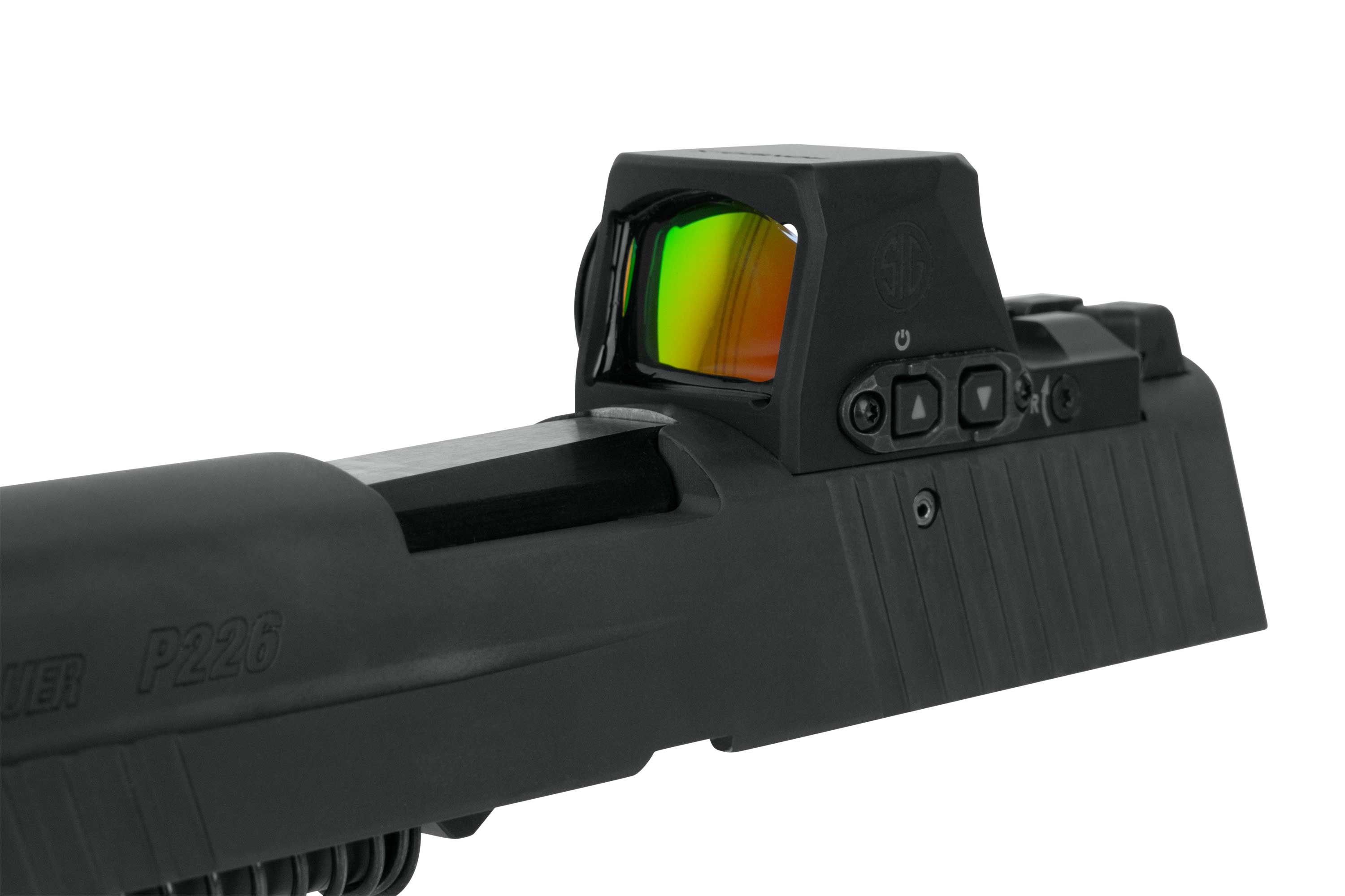 Nahaufnahme einer SIG Sauer P226 mit einem Reflexvisier mit farbigem Objektiv und Bedienknöpfen.