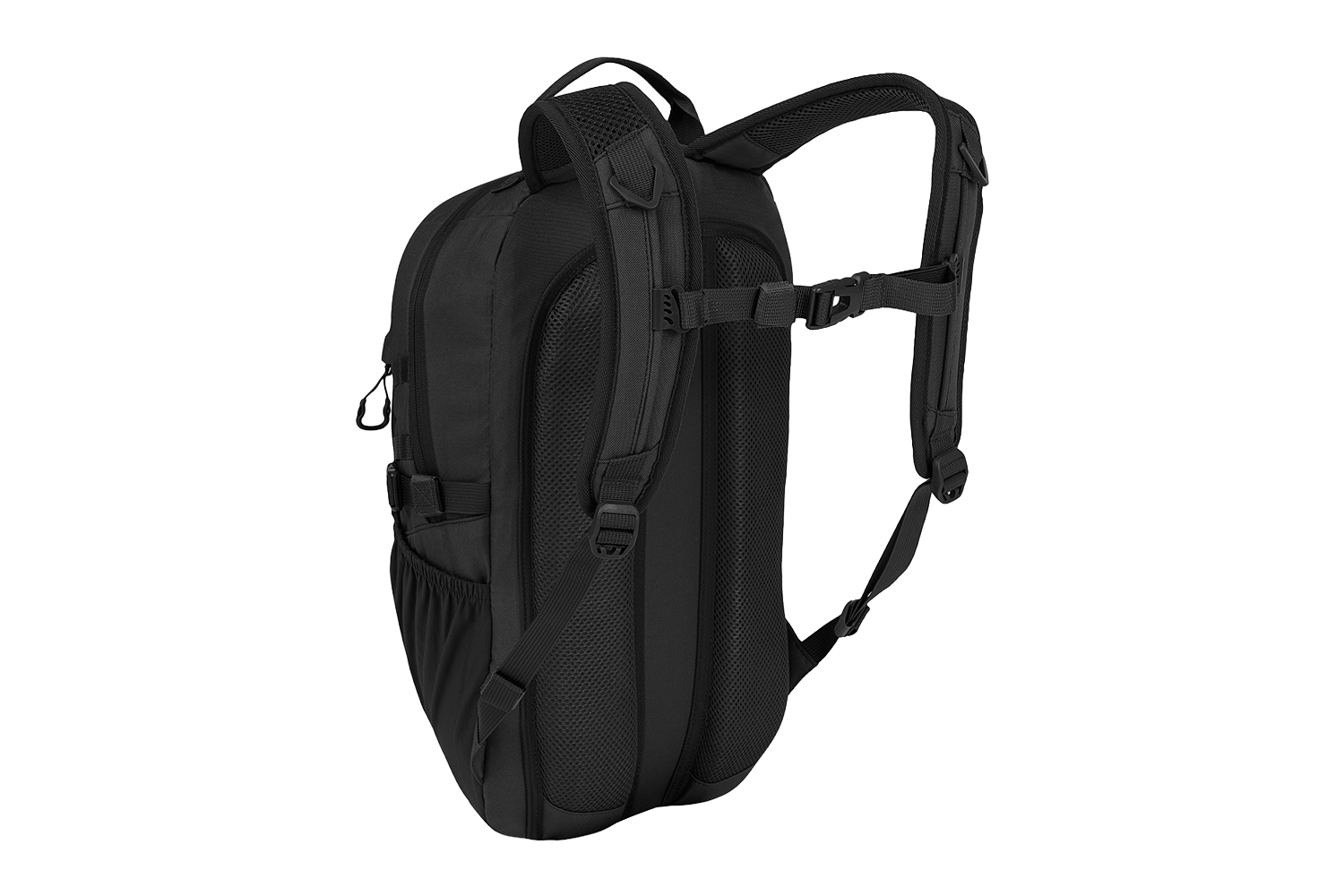 Rückansicht eines schwarzen taktischen Rucksacks mit gepolsterten Mesh-Schultergurten, einer Brustschnalle und einem ergonomischen Rückenteil.
