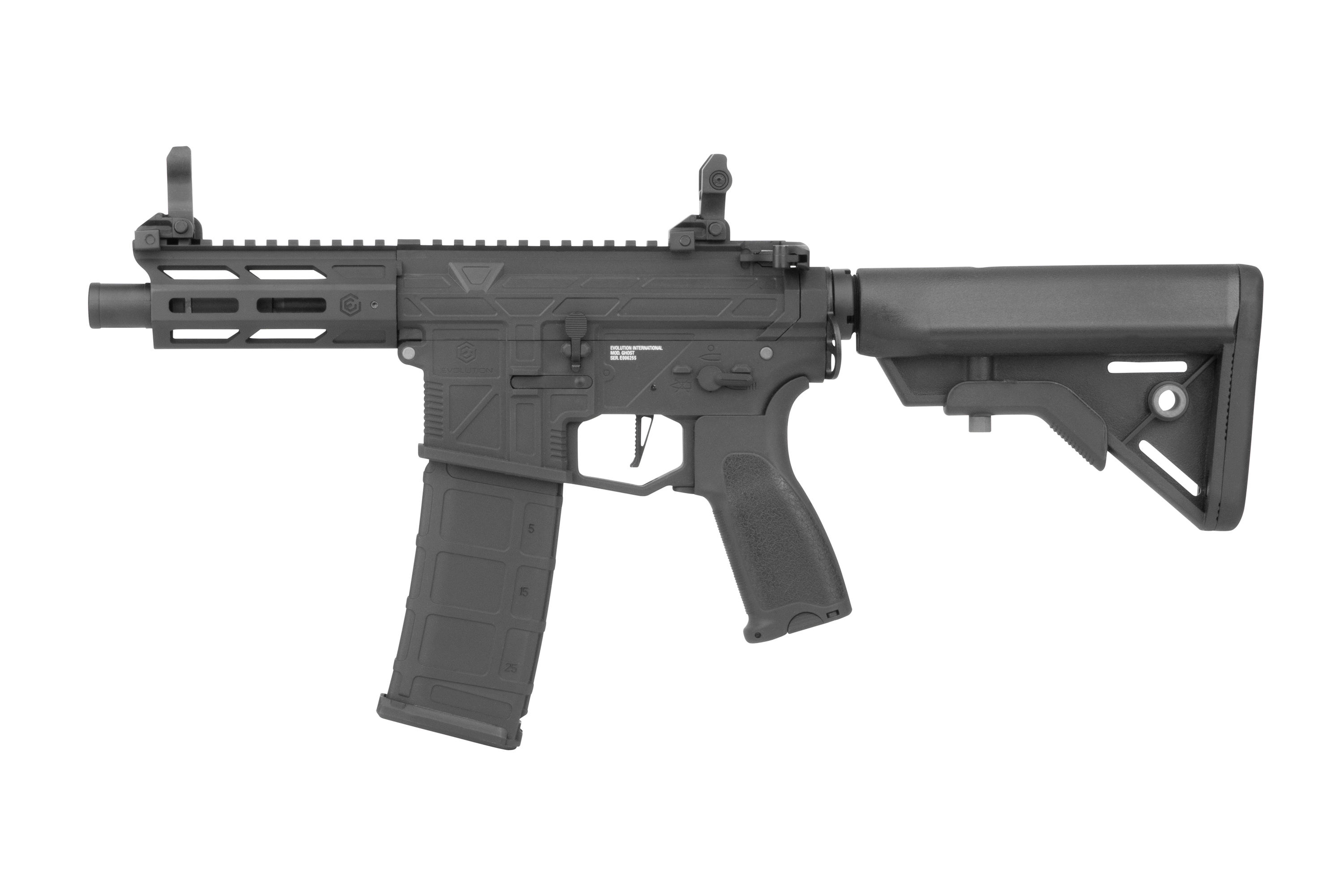 Airsoft-Gewehr Evolution International Recon Ghost in Schwarz mit verstellbarem Schaft, taktischer Schiene und Polymermagazin.