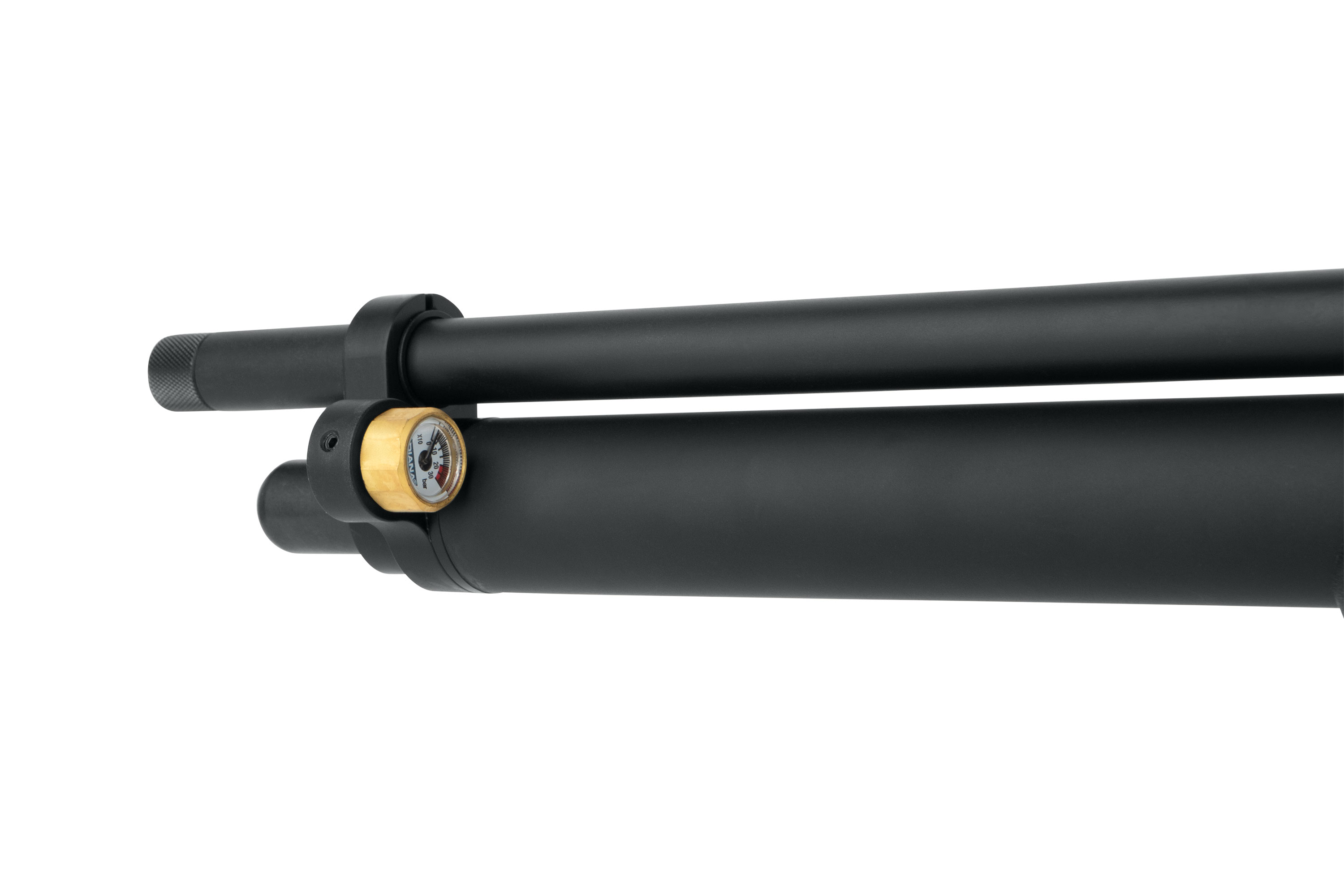 Nahaufnahme eines schwarzen Luftgewehrlaufs mit Manometer und schlankem Design für präzises Schießen.