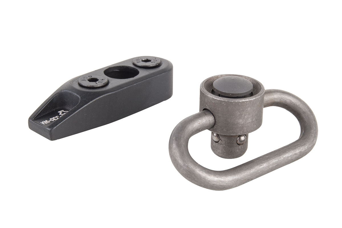 Schwarze Schlingenhalterung aus Metall und eine silberne, schnell abnehmbare Drehschlaufe zur Befestigung eines Luftgewehrschlinges auf weißem Hintergrund.