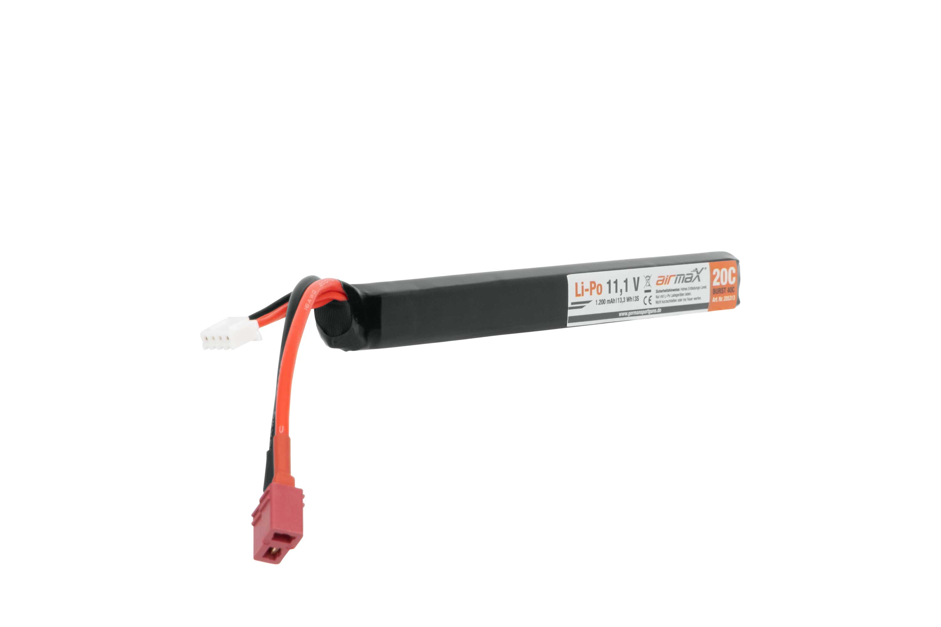 Airmax 11,1 V 1200 mAh Li-Po-Akku für Airsoft-Waffen mit T-Stecker-Anschluss, wiederaufladbarer Akku im schwarzen Stick-Stil.