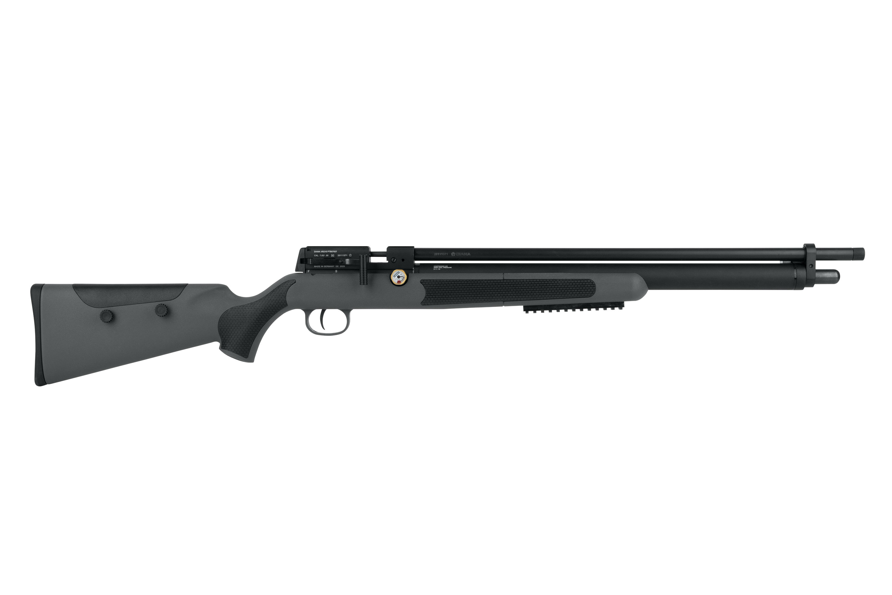 Schwarzes Luftgewehr mit Kunststoffschaft und verstellbaren Funktionen, ideal für Präzisionsschießen.