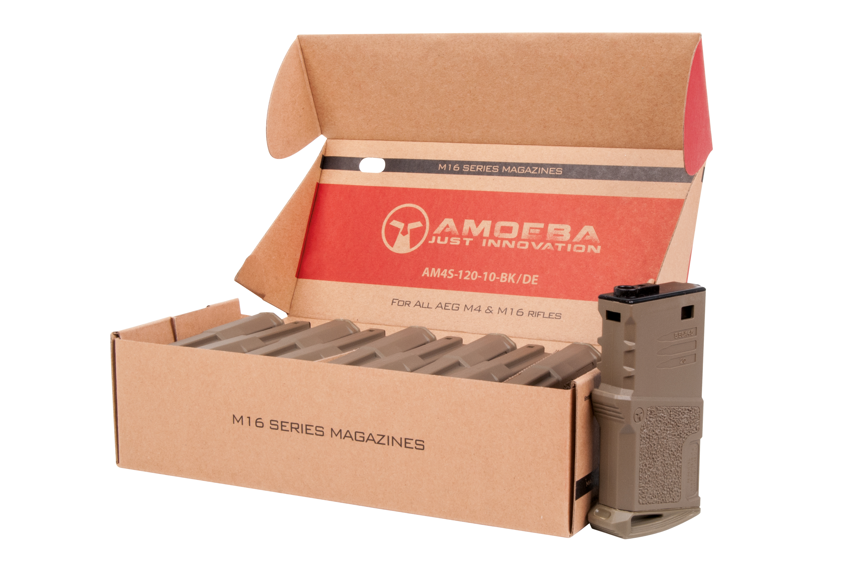 Eine Schachtel mit Magazinen der Amoeba M16-Serie für AEG M4- und M16-Gewehre, mit hellbraunen Polymermagazinen und einer Markenverpackung.