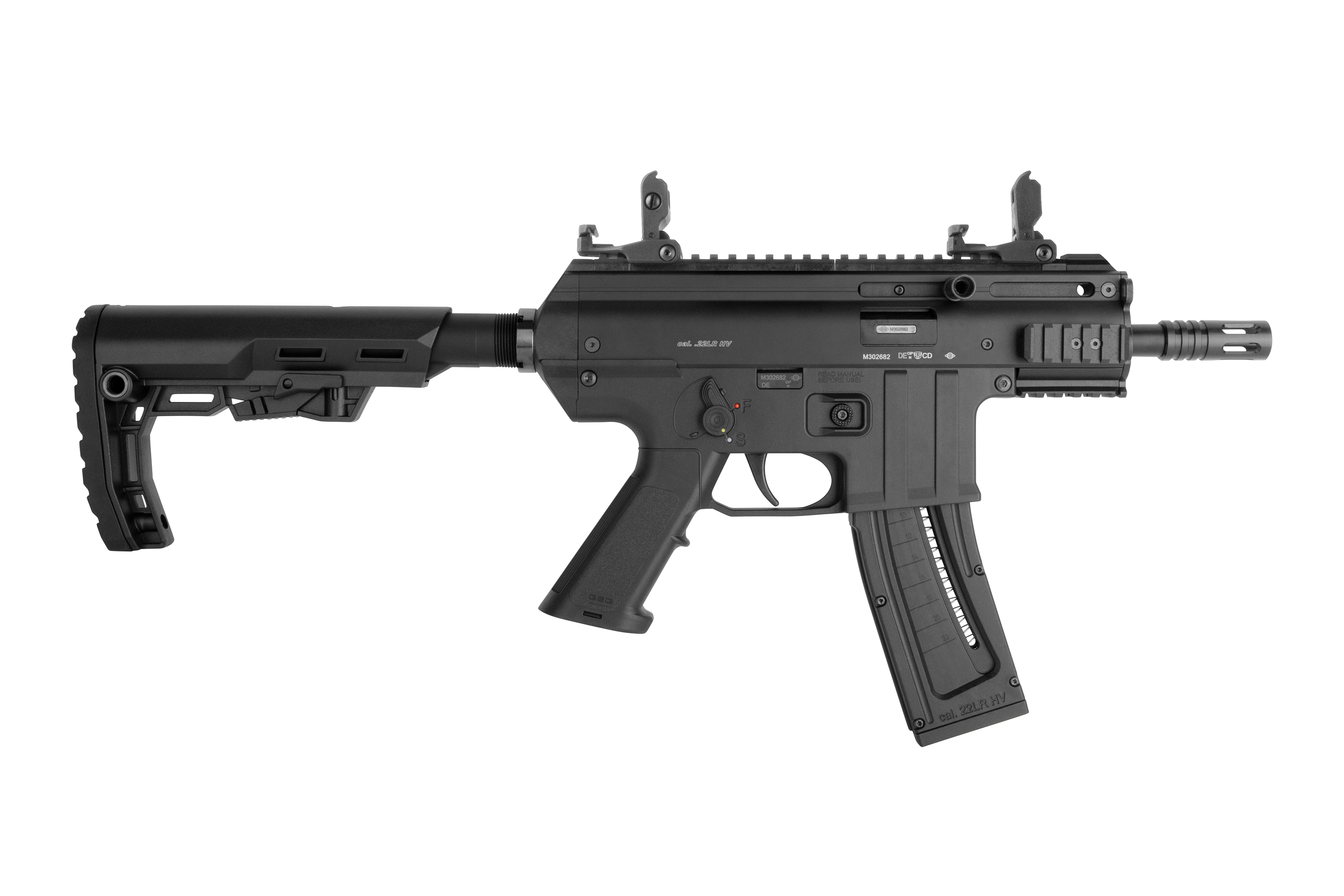 Schwarzes Luftgewehr mit verstellbarem Schaft, taktischem Griff und Schienensystem für Optik und Zubehör.